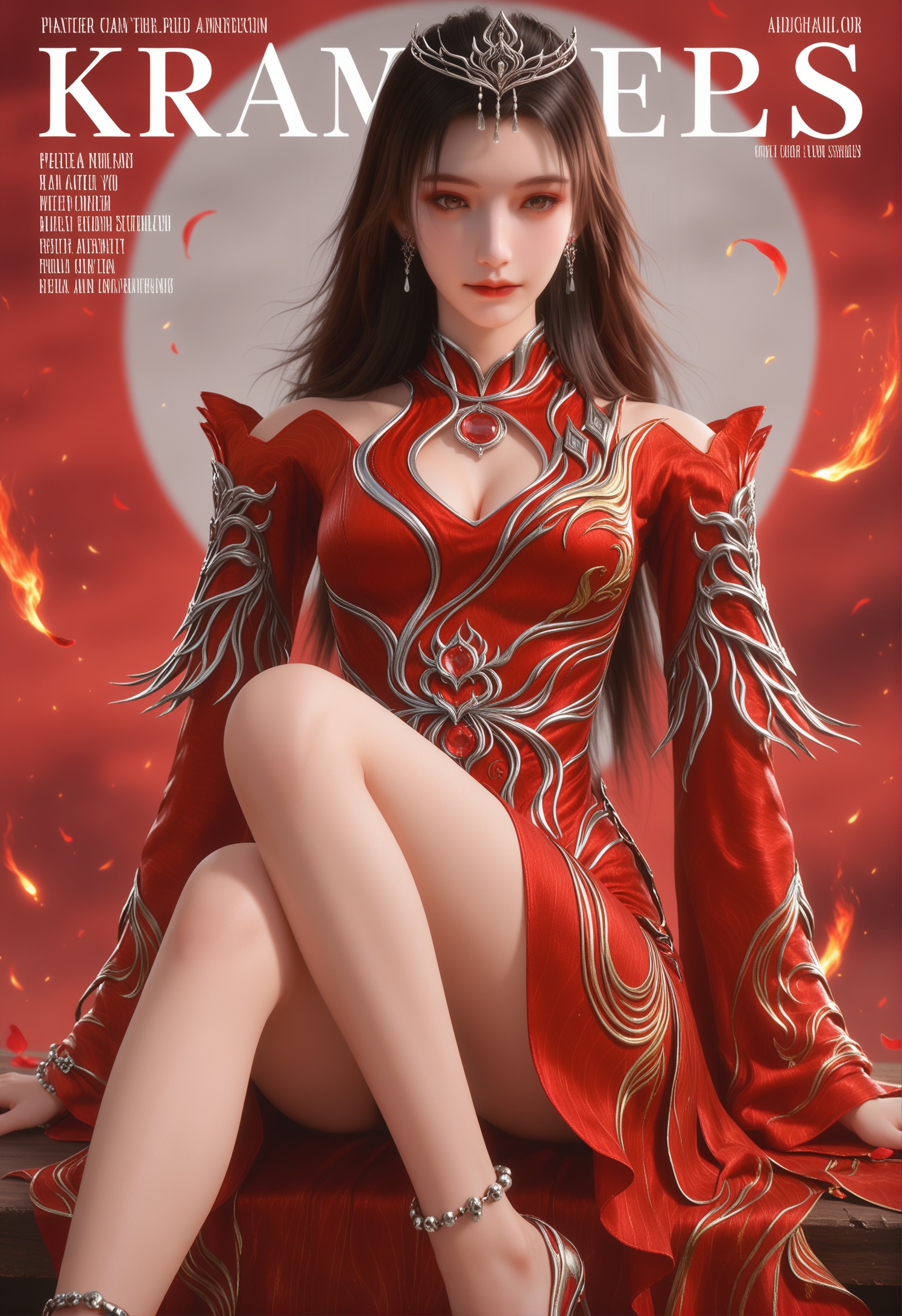 score_9,score_8_up,score_7_up,1girl,solo,sitting,full_shot,(magazine cover theme:1.05),(arms_behind_back:1.1),1girl,solo,realistic,dress,red dress,cleavage cutout,robe,chinese clothes,shoulder cutout,wide sleeves,red theme,long sleeves,embers,detached sleeves,clothing cutout,breasts,beads,(high_heels:1.1),realistic,jewelry,hair ornament,metal collar,gem,tiara,earrings,collar,bracelet,anklet,1girl,solo,realistic,long hair,black hair,brown hair,brown eyes,eyelashes,red lips,bare shoulders,closed mouth,realistic,(advertising cover:0.8),grey_background,gradient_background,(white_background:0.9),falling petals,(depth of field:1.2),depth_of_field,(looking at viewer:1.1),<lora:小巳-雨馨-灵尸王pony:0.8>,