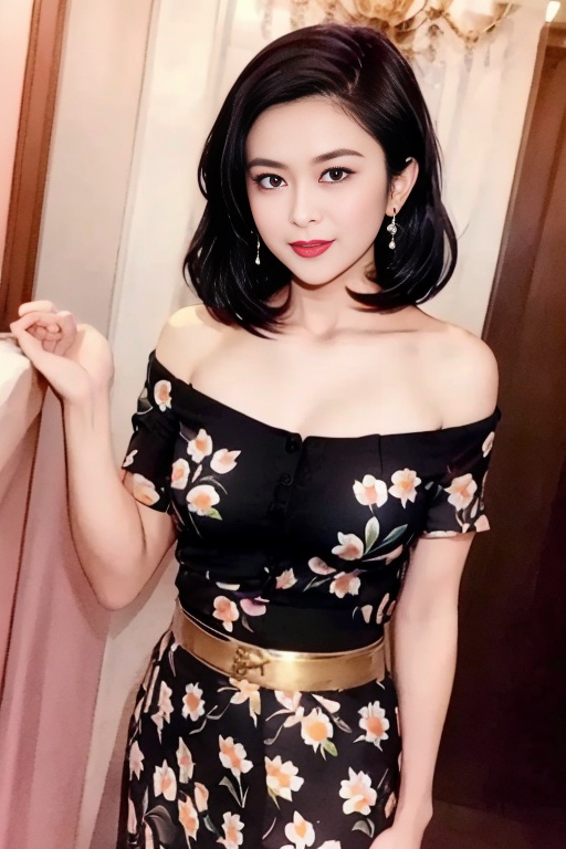 1girl,1girl, and, black, black_hair, dress, earrings, floral_print, flower, gold, guanzhilin, hair, her, lips, makeup, posing, shirt, shoulders, skirt, solo, the, tongue， <lora:SD1.5_Guanzhilin:0.8>
