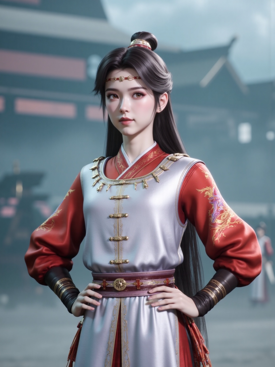 A young woman stands in white and red traditional Chinese attire,outdoors,