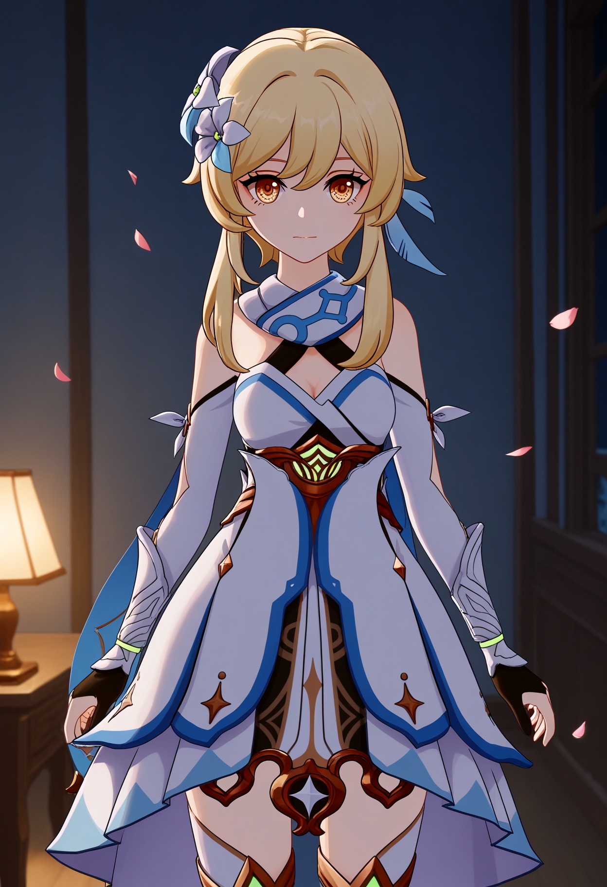 (cowboy shot:1.2),looking at viewer:1.1,masterpiece,(best quality),(mutated_hands:-1.2),(bad hands:-1.2),smog,Dark room,dim lighting,peach blossom,falling petals,<lora:YQ_Illustrious光辉二次元v1_荧_V1:0.8>,q1528437228,1girl,solo,lumine (genshin impact),blonde hair,hair ornament,dress,hair flower,white dress,short hair with long locks,detached sleeves,yellow eyes,scarf,sidelocks,feather hair ornament,gloves,white thighhighs,boots,