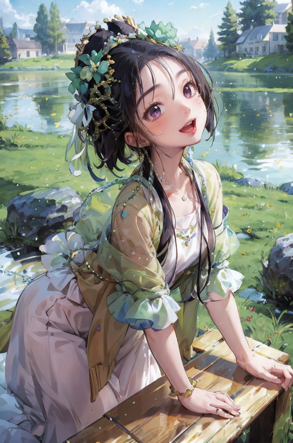 masterpiece,best quality,ultra-detailed,1girl,<lora:PDLX_小绿花仙:0.8>,outdoors,(looking at viewer:1.1),kind_smile,:d,blush,fang,(full_shot:1.1),