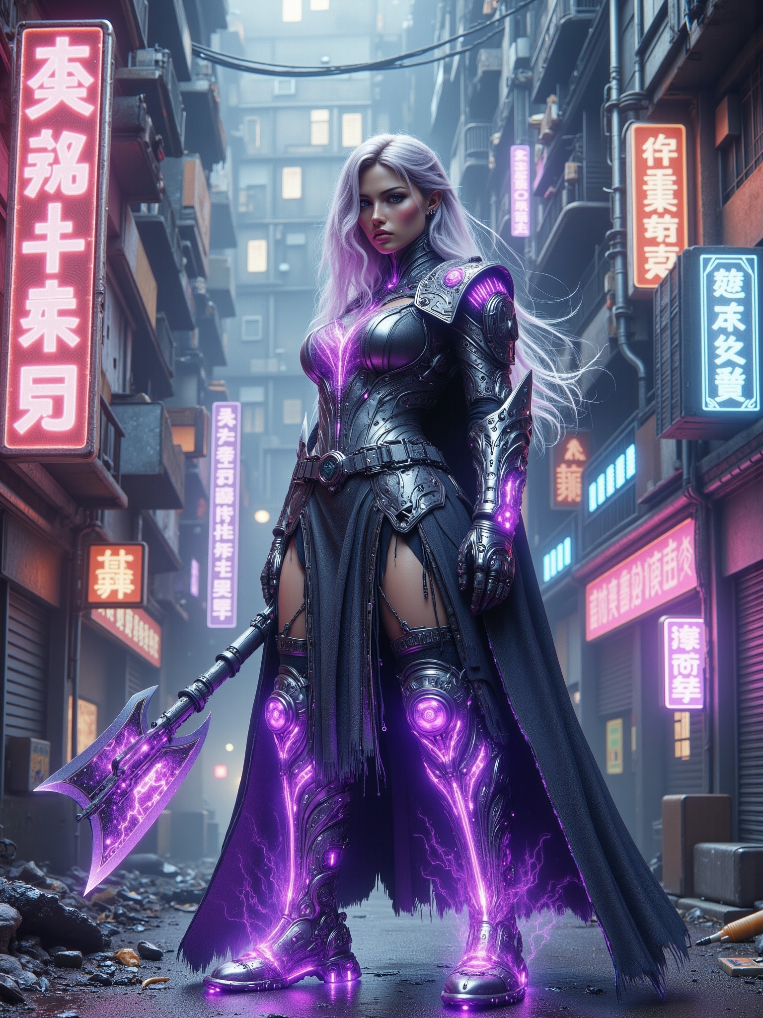 A female vikingpunk paladin in futuristic cyberpunk chrome plate armour holding a long axe,  purple energy crackling aroun...