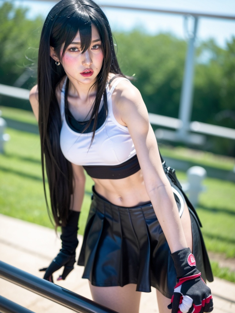 1girl, tifa lockhart, solo,  skirt, thighhighs, long hair, gloves, earrings, black hair, suspenders, jewelry, crop top, black thighhighs, **** top, red eyes, black skirt, suspender skirt, elbow gloves, white **** top, looking at viewer,  fingerless gloves, midriff, black sports bra, leaning forward, blurry, black gloves, large breasts, lips, arm guards, blurry background, railing, black undershirt, undershirt, collarbone, low-tied long hair, miniskirt, elbow pads