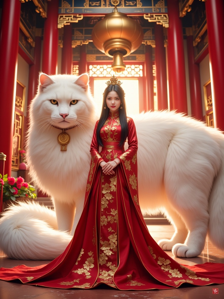 miluo_dmxz, The image is a digital illustration featuring a stunningly detailed fantasy scene. At the center stands a young Asian woman with fair skin, long dark hair adorned with a golden crown, and delicate, elegant features. She is dressed in an opulent, traditional Chinese red qipao adorned with intricate gold floral patterns and long sleeves, exuding regal elegance. Her expression is serene and composed.Beside her, on her left, is a majestic, enormous white cat with a regal and calm demeanor. The cat's fur is luxuriously fluffy, almost ethereal, and it wears a golden medallion around its neck, adding a touch of majesty to its appearance.The background is a lavish, traditional Chinese temple setting, with rich red and gold hues. The temple architecture is intricately detailed, featuring ornate carvings and a large, golden bell. The light in the scene is warm and golden, casting a soft glow that enhances the luxurious feel of the image.The overall style of the illustration is highly realistic with a touch of fantasy, combining elements of traditional Chinese art with modern digital artistry. The textures, from the woman's silk gown to the cat's fur, are meticulously detailed, giving the image a lifelike quality.<lora:miluo丨大猫-flux-v1.4:0.8>