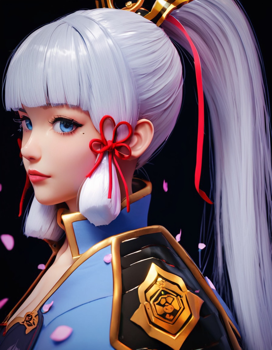 score_9,score_8_up,score_7_up,i want the whole image to be created in 3D anime style,1girl,solo,long hair,looking at viewer,bangs,blue eyes,simple background,hair ornament,ribbon,closed mouth,hair ribbon,ponytail,white hair,sidelocks,black gloves,blunt bangs,armor,mole,from side,lips,looking to the side,petals,mole under eye,black background,portrait,tress ribbon,realistic,nose,kamisato ayaka,