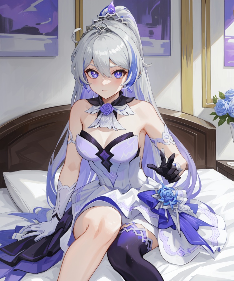 kiana kaslana,kiana kaslana \\\(shilizhuguang\\\),evening gown,purple earrings,ponytail,purple gloves,white gloves,mismatched gloves,purple crown,purple rose,single thighhigh,purple thighhigh,bedroom,indoors,<lora:kiana2-000010:0.75>,, 1girl,,  (masterpiece,best quality:1.2),absurdres