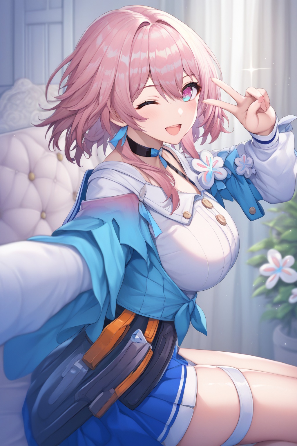 score_9,score_8_up,score_7_up,score_6_up,source_anime,source_cartoon,<lora:march 7thTponyXL-000008:1>,march 7th\(Preservation \) \(honkai: star rail\), march 7th \(honkai: star rail\), 1girl, breasts, pink hair, solo, one eye closed, black choker, tied jacket, dress shirt, looking at viewer, large breasts, smile, long sleeves, thigh strap, medium hair, pink eyes, blue skirt, open mouth, sitting, flower ornament, selfie, blurry, v, multicolored eyes, from side