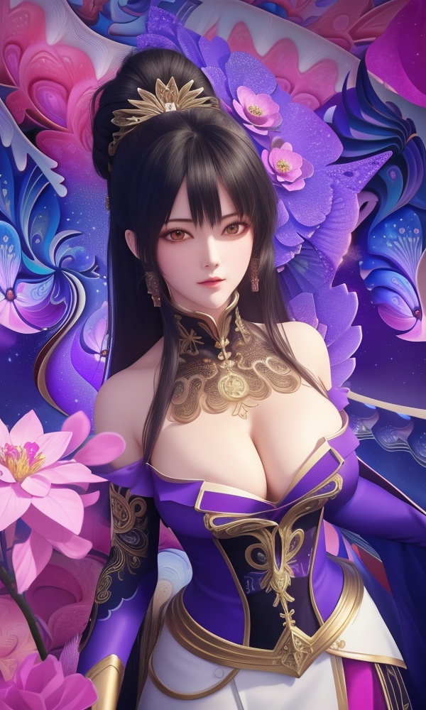 (,1girl, ,best quality, ),looking at viewer, <lora:418-DA-百炼成神-莫雨馨:0.8> ,, ,,anime,(masterpiece, top quality, best quality, official art, beautiful and aesthetic:1.2), (1girl)	, , (cleavage),extreme detailed,(fractal art:1.3),colorful, flowers ,highest detailed,()    (cleavage), (), 1girl, , , depth_of_field, solo, , ,