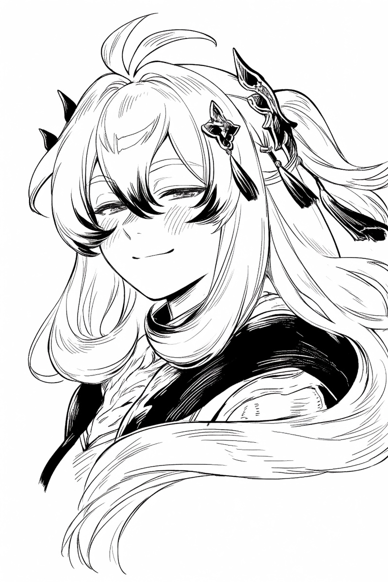 @tbst,  The image is a black-and-white line drawing of a young woman with long,  flowing hair adorned with decorative elem...