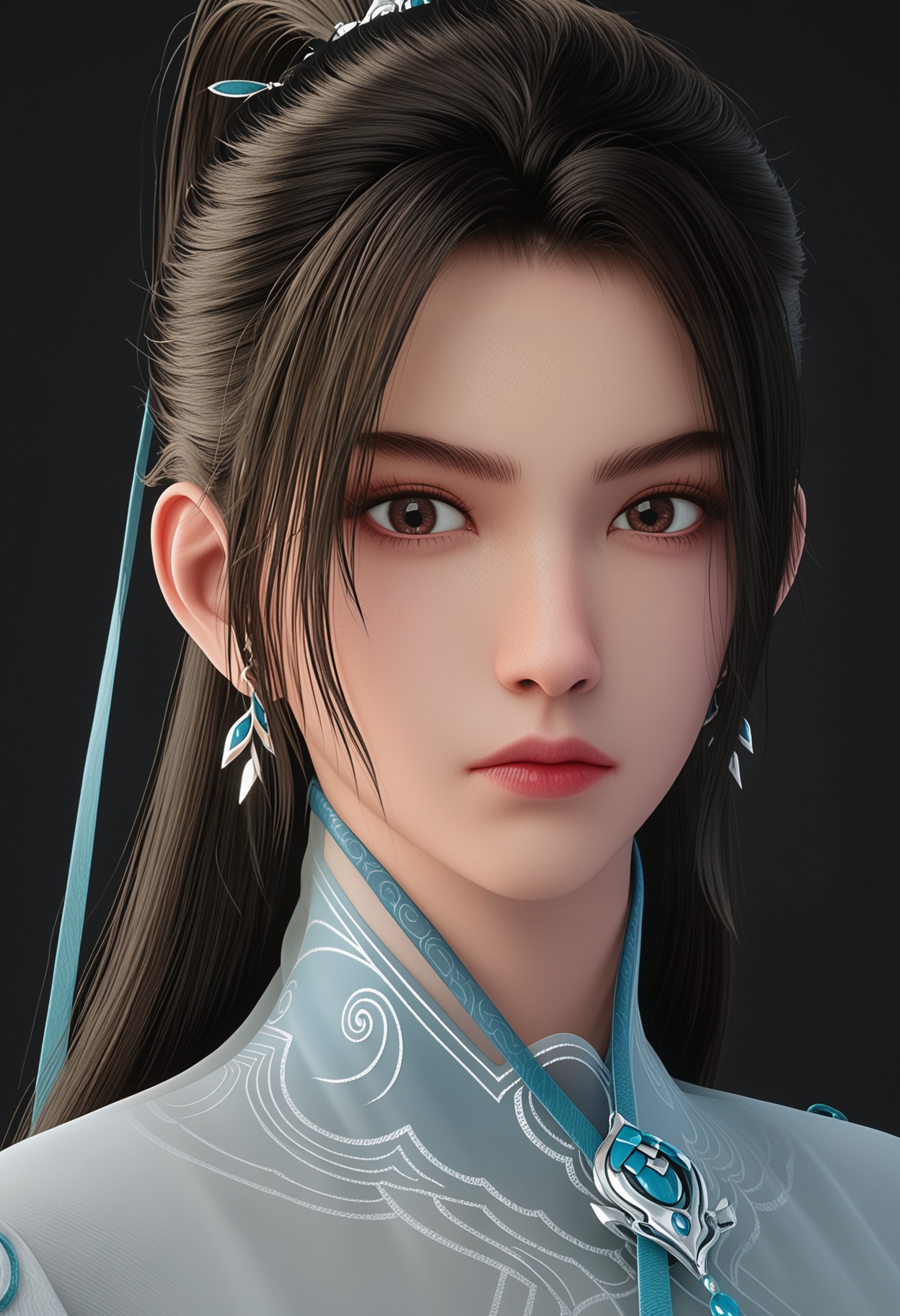 (upper_body:1.2),score_9,score_8_up,masterpiece,(best quality),intricate details,1girl,facing viewer,(looking at viewer:1.1),<lora:YQ_pony_ningyao3.0_V6:0.95:lbw=1,1,1,1,1,1,1,1,1,0.8,0.8,0.1>,q1528437228,1girl,solo,long hair,jewelry,earrings,chinese clothes,white dress,ponytail,black hair,long sleeves,brown hair,hair ornament,brown eyes,black footwear,pants,hair bun,sheath,hair ribbon,BREAKscore_9,score_8_up,masterpiece,(best quality),perfect anatomy,(hourglass),perfect face,(simple background,pure black background,black background:1.1),fair_skin,shiny_skin,Ivory_skin,