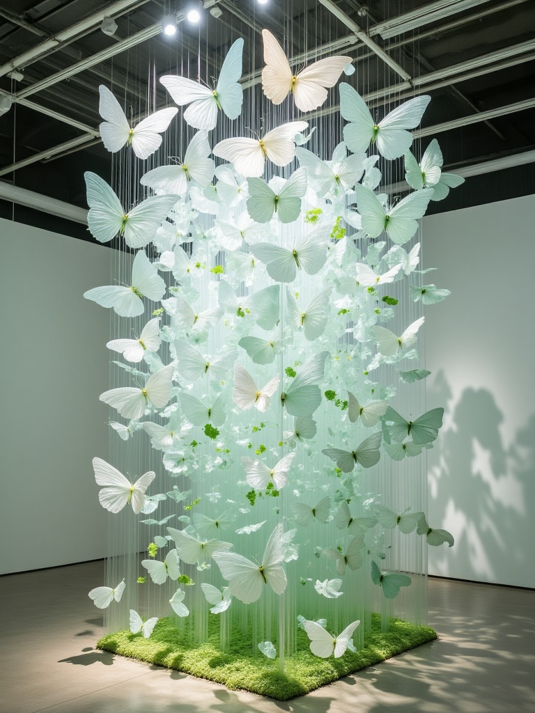Photograph of an ethereal installation featuring a cluster of delicate, translucent white butterflies and green leaves suspended in mid-air, illuminated by soft, diffused lighting. The butterflies appear to be **** of glass or a similar material, creating a dreamy, otherworldly effect. The background is a minimalist, industrial space with white walls and exposed pipes.