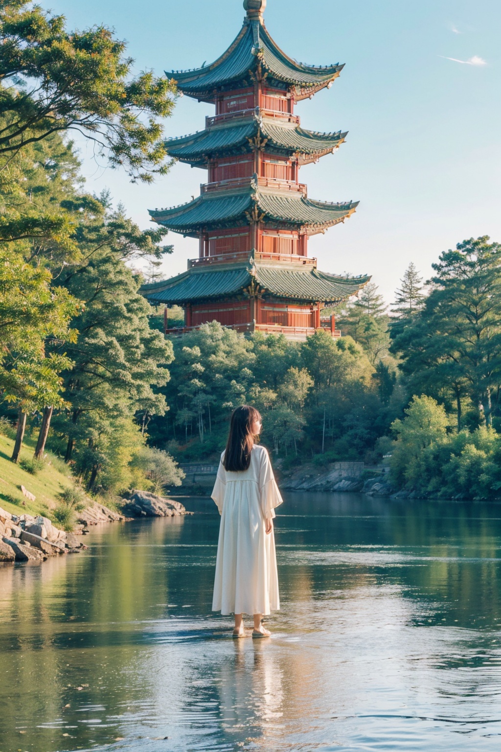 Realistic,best quality,masterpiece,8K,HDR,RAW,(1girl:1.6),solo,<lora:add_detail:0.6>,mount,water,foge,chinese style,tower,flower,<lora:ENNE 只此青绿_v10:0.7>,zcql,<lyco:GoodHands-beta2:1>,