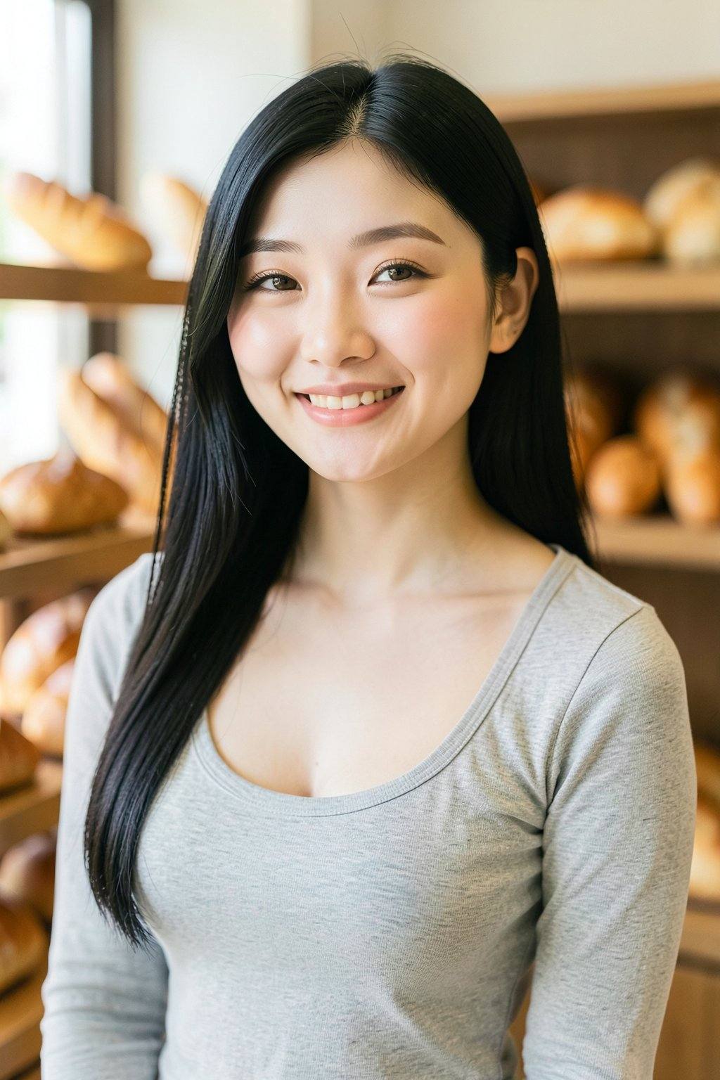 The image depicts a photograph of a young Asian woman with long,  straight black hair and a warm,  friendly smile. She has...