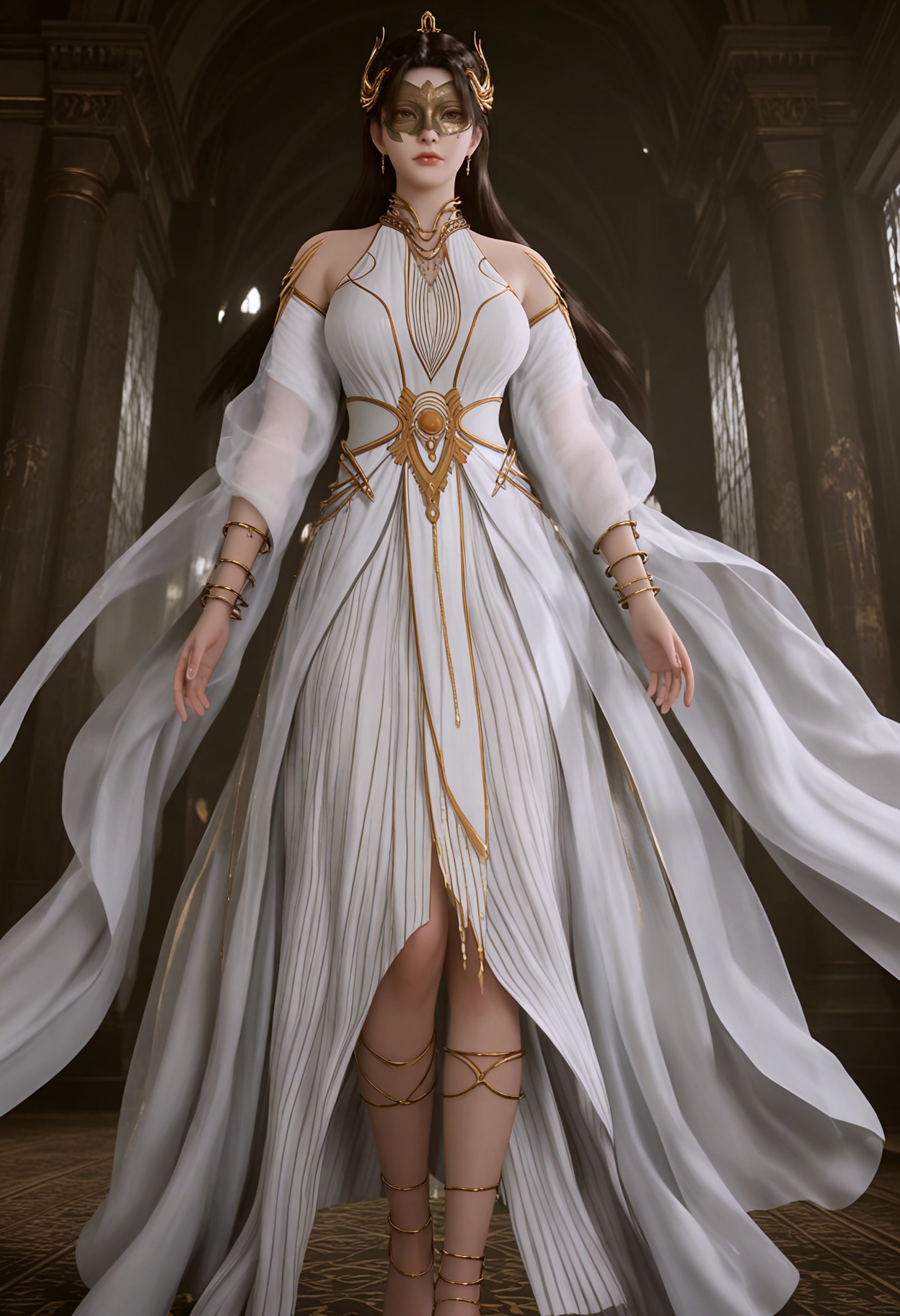 upper_body,(gigantic breasts:0.6),(slender:1.3),(looking_at_viewer:1.1),(masterpiece:1.1),(best quality:1.2),(intricate details),(smog:1.3),(Dark room:1.3),(dim lighting:1.3),<lora:YQ_Illustrious光辉v5_狠人大帝_V1:0.8>,(q1528437228:1.1),1girl,solo,dress,long_hair,jewelry,white_dress,black_hair,hair_ornament,bare_shoulders,brown_hair,mask,realistic,necklace,detached_sleeves,brown_eyes,bracelet,anklet,laurel_crown,cape,earrings,masterpiece,(best quality),(intricate details:0.9) BREAK (intricate details:0.9),(realistic skin:1.2),masterpiece,best quality,newest,absurdres,hiahres,