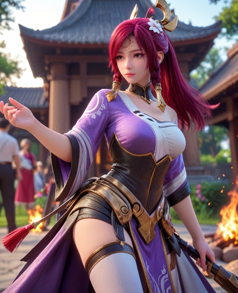 (oriental architecture, elegant decor, sophisticated style:1.1),(dancing at a campfire party:1.1),(large breasts:1.2),<lora:XL王者荣耀伽罗:0.8>,miss jialuo,purple right side robe layered on top of white sarashi,red hair,ponytail,twin braids,hair ornament,hair tubes,detached collar,armored dress,forehead mark,bangs,purple eyes,hair flower,white thighhighs,, score_9,score_8_up,score_7_up,score_6_up,score_5_up,score_4_up,3d rendering,tag1,tag2, Cinematic Lighting,backlighting,, zPDXL3, zPDXL2,zPDXL, zPDXLxxx, zPDXLrl,