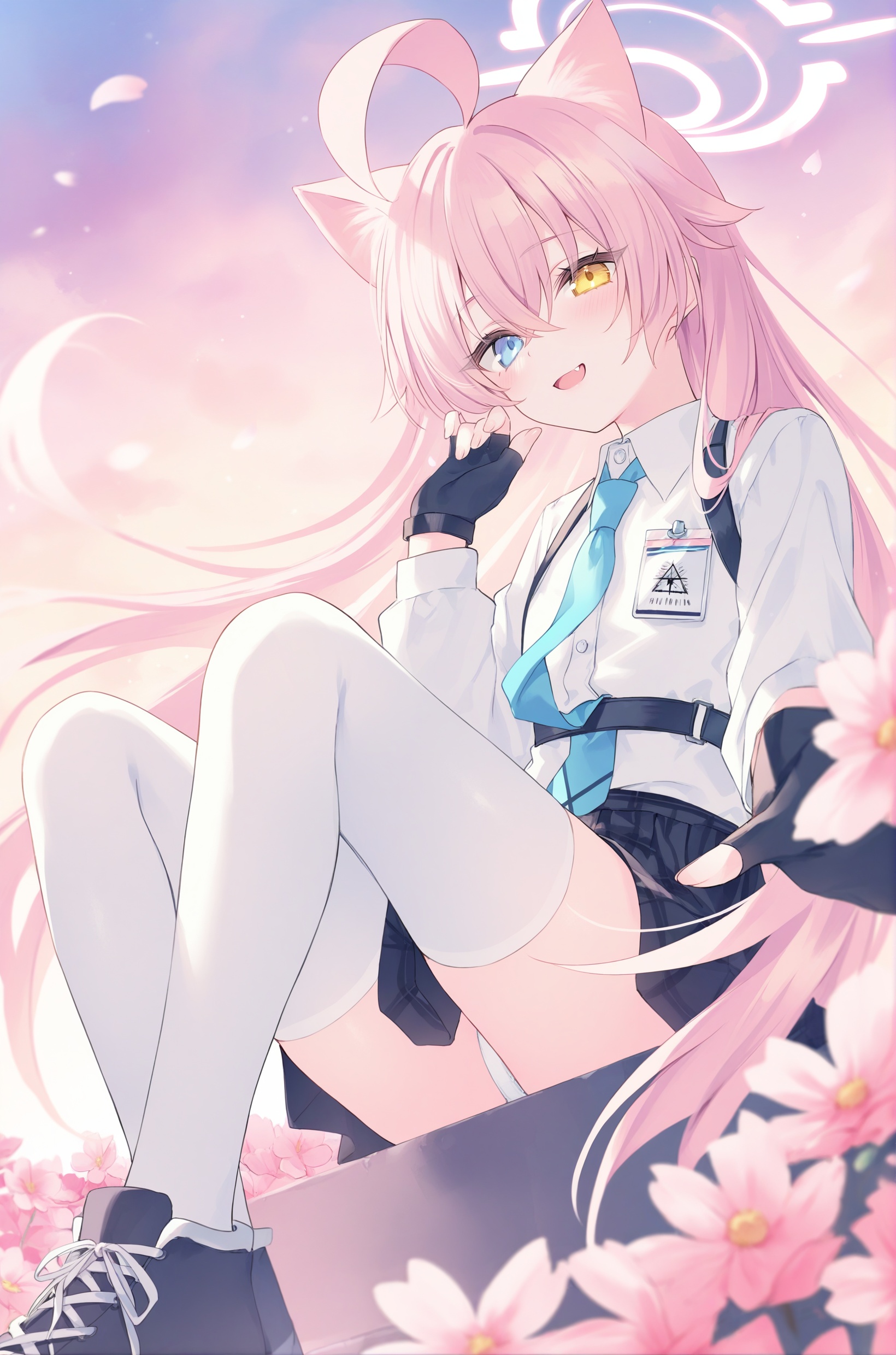 rurudo,1girl, hoshino (blue archive), solo, pink hair, heterochromia, underwear, long hair, panties, necktie, ahoge, blue eyes, thighhighs, shirt, skirt, fingerless gloves, animal ears, white panties, gloves, blue necktie, halo, sitting, white shirt, pantyshot, white thighhighs, black gloves, looking at viewer, yellow eyes, long sleeves, fang, flower, blush, open mouth, pink flower, smile, collared shirt, petals, black skirt, very long hair, plaid, bangs, plaid skirt, hair between eyes, cat ears, shoes, black footwear, id card, sky