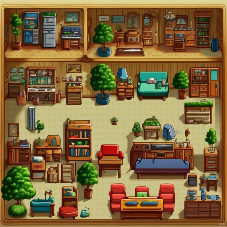 ((HRD, HUD, 8K)),((masterpiece, best quality)), highly detailed, soft light,GameScenes, television, table, chair, shelf, no humans, scenery, indoors, plant, potted plant, lamp, window, couch, bottle, cup, door, stool, wooden floor, game console, refrigerator, cabinet, rug, trash can, box, clock, food, controller, plate, loaded interior, <lora:20240330-1711769468704:0.9>