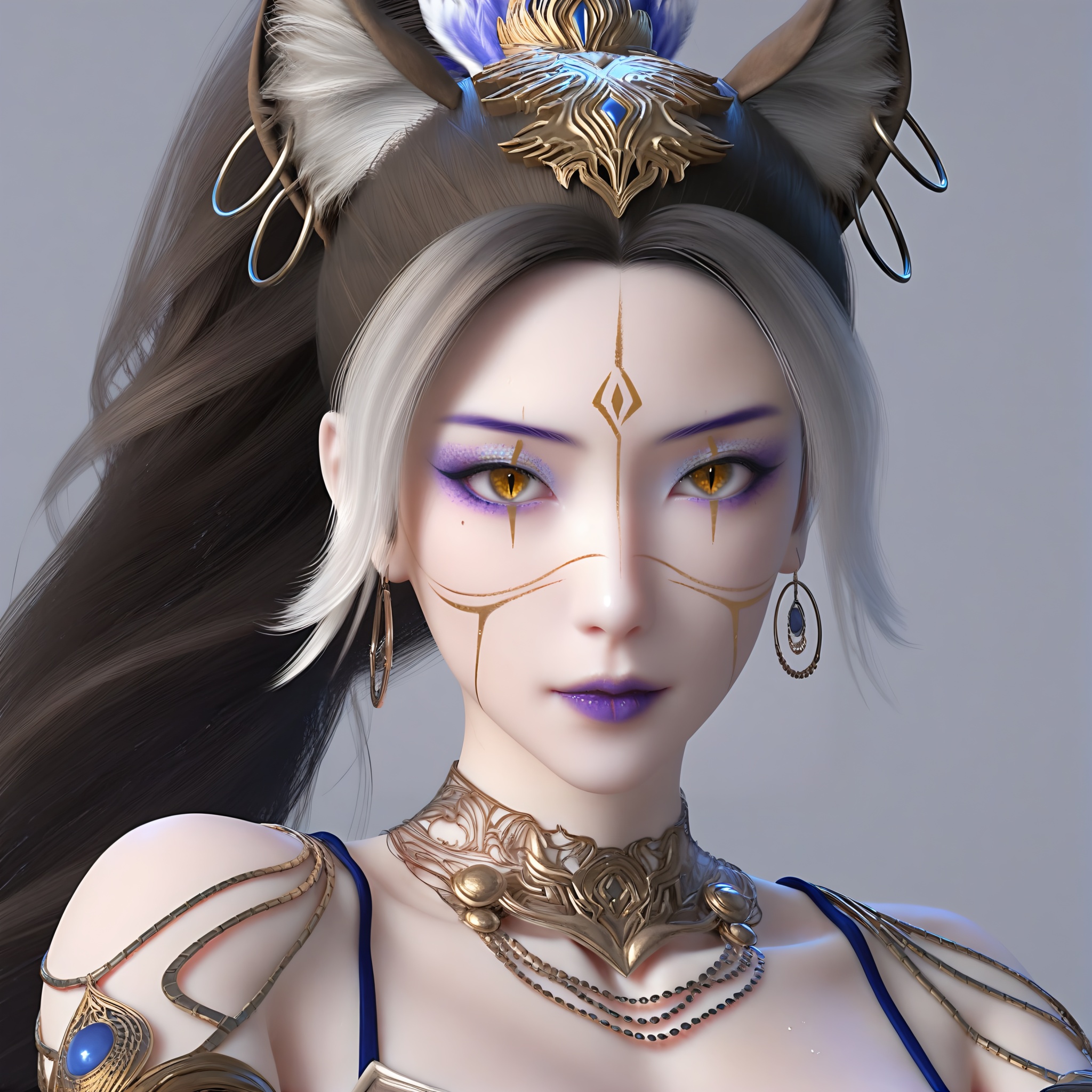 (score_9),upper body,<lora:凤羽-apony-000009:0.8>,fy,1girl,solo,long hair,braided ponytail,hoop earrings,streaked hair,animal ear fluff,cat ears,brown hair,hair ornament,purple lips,facial mark,layered necklaces,purple eyeshadow,scar across eye,brown eyes,forehead mark,feather hair ornament,exotic costume,jewelry,metal collar,bustier,arm guards,detached sleeves,bracer,<lora:perfect eyes_v1:0.8>,light blush,slit_pupils,bright_pupils,Expressiveh,<lora:Expressive_H-000001:0.8>,collarbone,(glamor:1.2),curvy,BREAKlooking at viewer,front view,<lora:e肤色滑块:0.25>,fair_skin,(pale_skin),(white skin),<lora:e色温:0.35>,light skin,(sweaty_skin),<lora:RealisticSkinv1_ponyv6_loraplus:0.3>,real skin,<lora:皮肤凹痕:1.2>,BREAKsimple background,grey background,ultra-detailed skin texture,detailed textures,4K ultra HD,sharp focus,high detail,natural lighting,high contrast,hearts,<lora:SDS-XL泛光调节器_v1.0:1>,Volumetric Lighting,Tyndall effect,