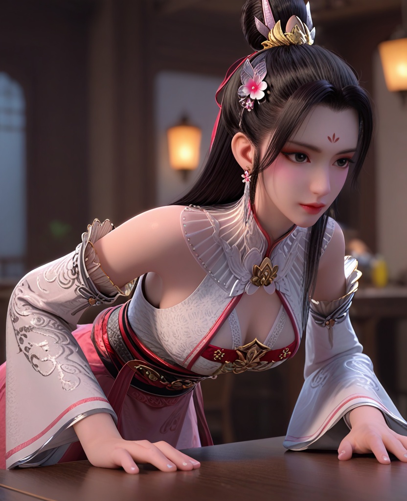 (oriental architecture, elegant decor, sophisticated style:1.1),(Leaning forward with elbows on a table:1.1),(breasts:1.2),<lora:XL暗河传白鹤淮:0.9>,miss baihehuai,white dress,forehead mark,hair ornament,black hair,jewelry,detached sleeves,mesh print,black eyes,see-through detached collar,sash,pink overskirt,, score_9,score_8_up,score_7_up,score_6_up,score_5_up,score_4_up,3d rendering,tag1,tag2, Cinematic Lighting,backlighting,