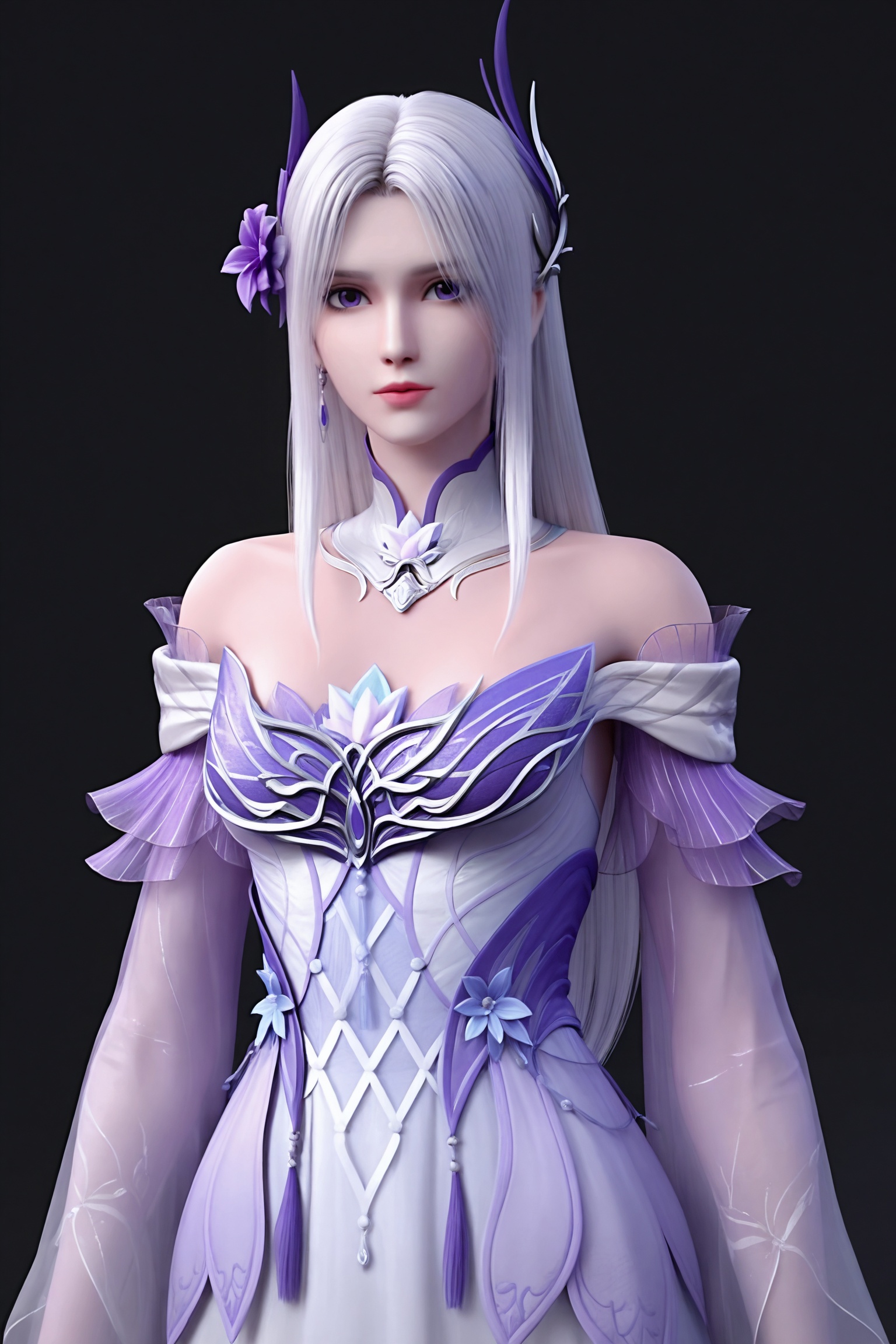 black background,standing,looking at viewer,1girl,xyx\(dpcq\),long hair,hair ornament,white hair,hair flower,earrings,bare shoulders,detached collar,purple dress,purple flower,white dress,see-through,jewelry,off-shoulder dress,detached sleeves,long sleeves,