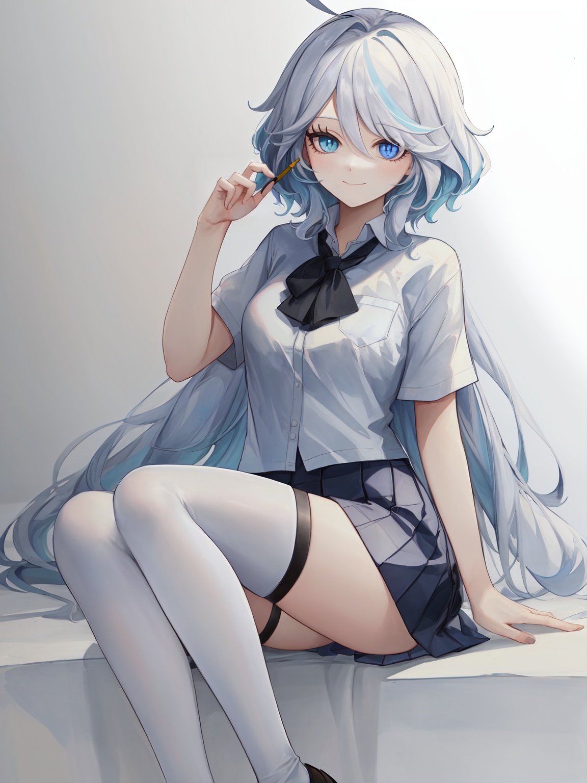 Furina,1girl,solo,long hair,ahoge,blue eyes,white hair,blue hair,bangs,(heterochromia:1.2),(school uniform, black thighhighs:1.2),light smile,(pencil and watercolor drawing:1.2),bloom,absurdres,<lora:furina-000015:0.8:lbw=char>,<lora:genshinImpactModel_v10:0.0:lbw=MIDD>,, 1girl,,  (masterpiece,best quality:1.2),absurdres