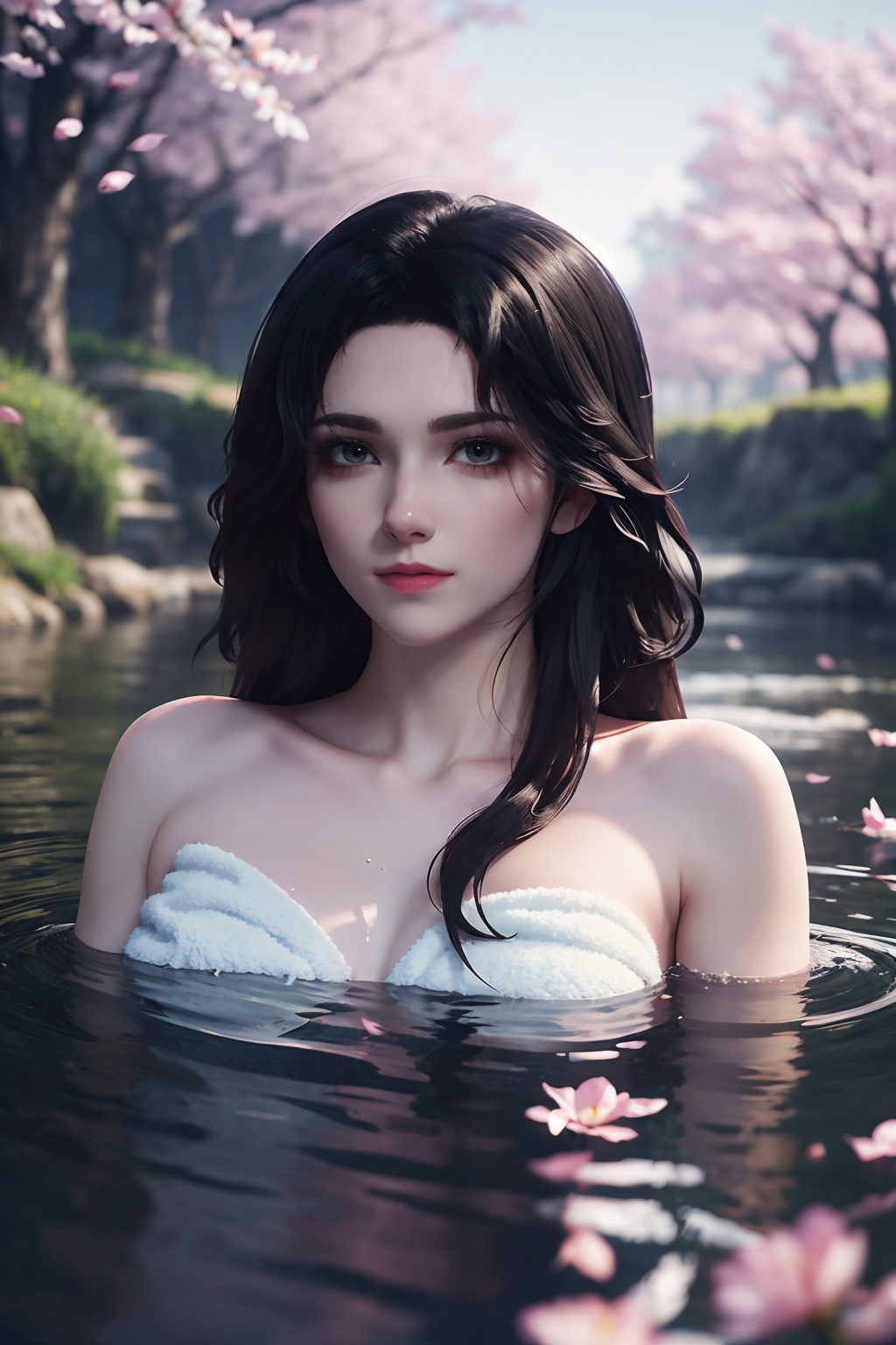 xuanyi,1girl,solo,(naked towel),in water,looking at viewer,nature,nature,onsen,sky,cherry blossoms,rose petals,((glowing)),romantic,foreshortening,depth of field,Highly detailed,(ultra-detailed),(best quality:1.5,masterpiece:1.5),<lora:xuanyi-000010:0.9>,<lora:服装增减:0>,