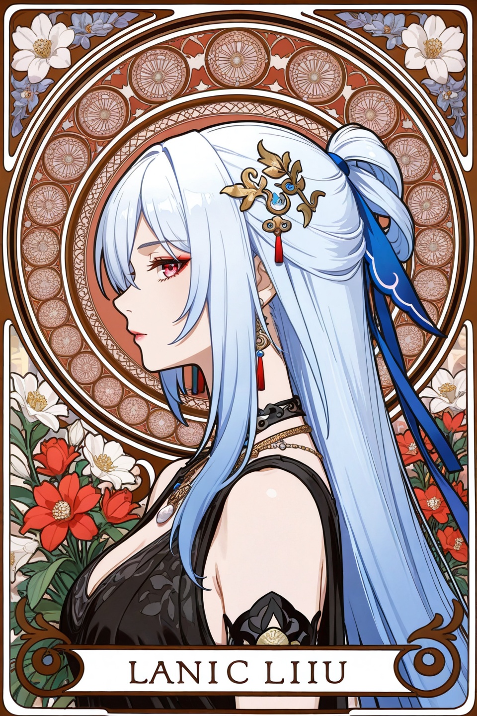 <lora:夏穆风·滤镜·ILL:0.8>,jingliu \(honkai: star rail\),art nouveau,long hair,1girl,profile,jewelry,flowers,hair ornament,necklace,solo,from side,depth of field,masterpiece,best quality,very aesthetic,alternate costume,alternate costume,2024,2023,perfect composition,ultra-detailed,extreme aesthetic,masterpiece,best quality,good quality,newest,year 2024,year 2023,very aesthetic,absurdres,looking_at_viewer,colorful,makeup,