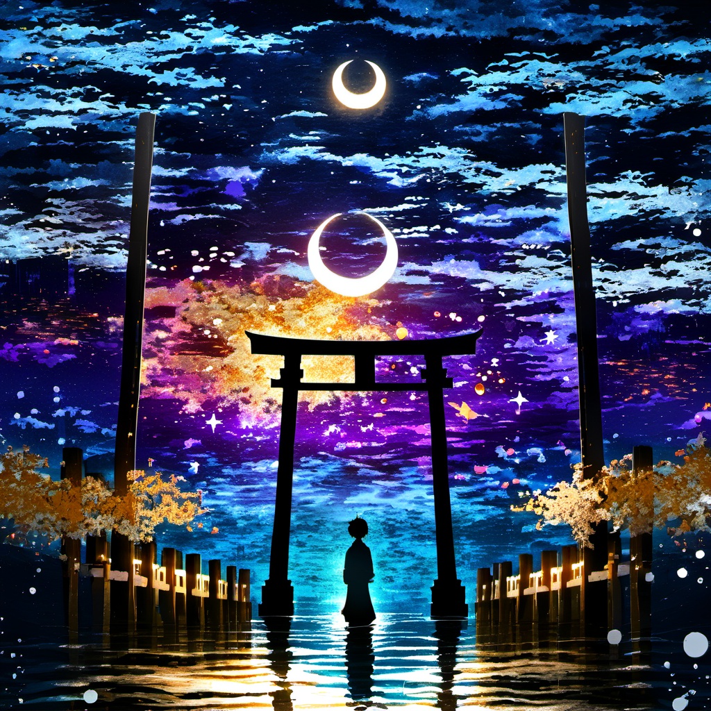 <lora:star_xl_v1:1>,The image portrays a serene and mystical night scene. In the foreground, there's a silhouette of a person standing in front of a large, ornate torii gate. The gate is illuminated from the inside, casting a warm, golden glow. The person is dressed in traditional attire, possibly a kimono, and is facing away from the viewer, looking towards the horizon. The background is filled with a mesmerizing blend of colors, predominantly blues and purples, representing the night sky. There are numerous stars scattered throughout, and a crescent moon is visible in the center. The water below reflects the colors of the sky, adding to the tranquility of the scene. On the right side, there's a silhouette of a butterfly, adding a touch of life and movement to the otherwise still image., serene, mystical, night scene, torii gate, golden glow, traditional attire, crescent moon, stars, water, butterfly, silhouette