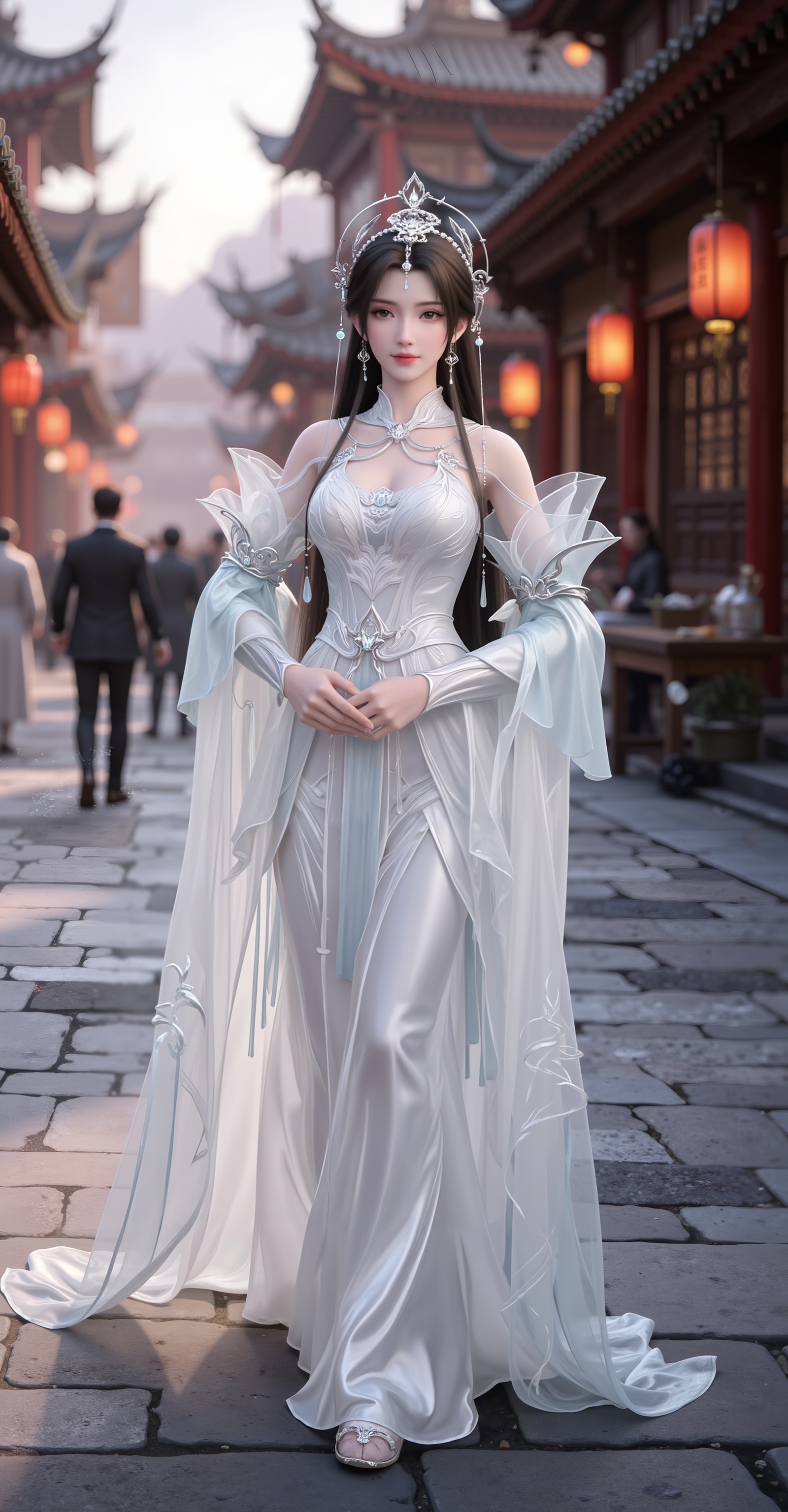 <lora:清漪·新建模6:1.1>,qingyi,n "Perfect World",Qingyi,dressed in a magnificent white dress,strolls leisurely among the streets of an ancient Chinese city filled with the hustle and bustle of daily life. Her temperament is extraordinary and refined,as if a fairy has descended to the mortal world,perfectly blending with the ancient charm of the ancient city to form a breathtakingly beautiful picture that intoxicates the heart.,<lora:DJ滤镜_2.5D版:0.2>,lvjing,<lora:油画唯美滤镜15:0.3>,baoshi,
