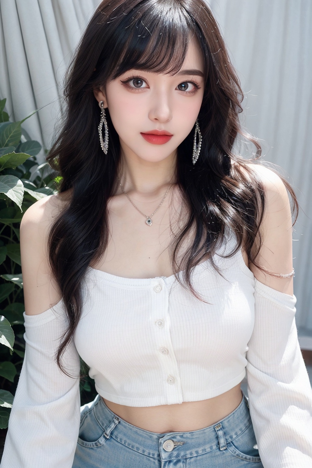 1girl, bangle, bare shoulders, bracelet, breasts, cleavage, collarbone, crop top, ear piercing, earrings, grey eyes, jewelry, long hair, looking at viewer, medium breasts, midriff, necklace, off-shoulder shirt, off shoulder, piercing, shirt, skirt, solo, white hair <lora:女:0.66>