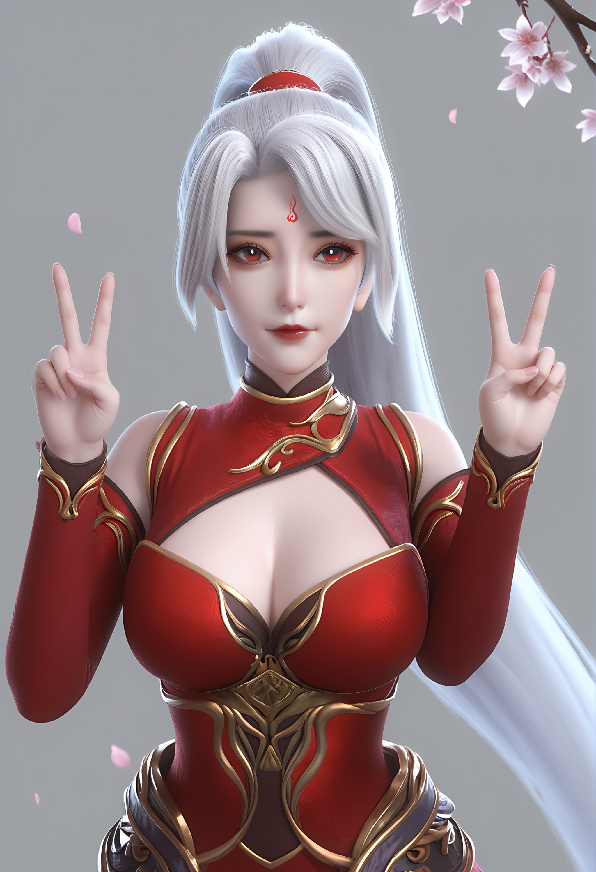 (score_9),light blush,body blush,<lora:焰羽女神-Apony-000009:0.83>,yanyu,solo,1girl,white hair,long hair,ponytail,hair rings,forehead mark,red eyes,red dress,high collar,detached sleeves,double v,looking at viewer,front view,female,mature,(mature_female:1.1),glamor,branch,twig,falling petals,grey background, OverallDetail,fair_skin,(white_skin),(Ivory_skin),<lora:e色温:0.5>,<lora:e肤色滑块:0.5>,<lora:detailed_notrigger:1>,<lora:perfect-eyes:0.8>,