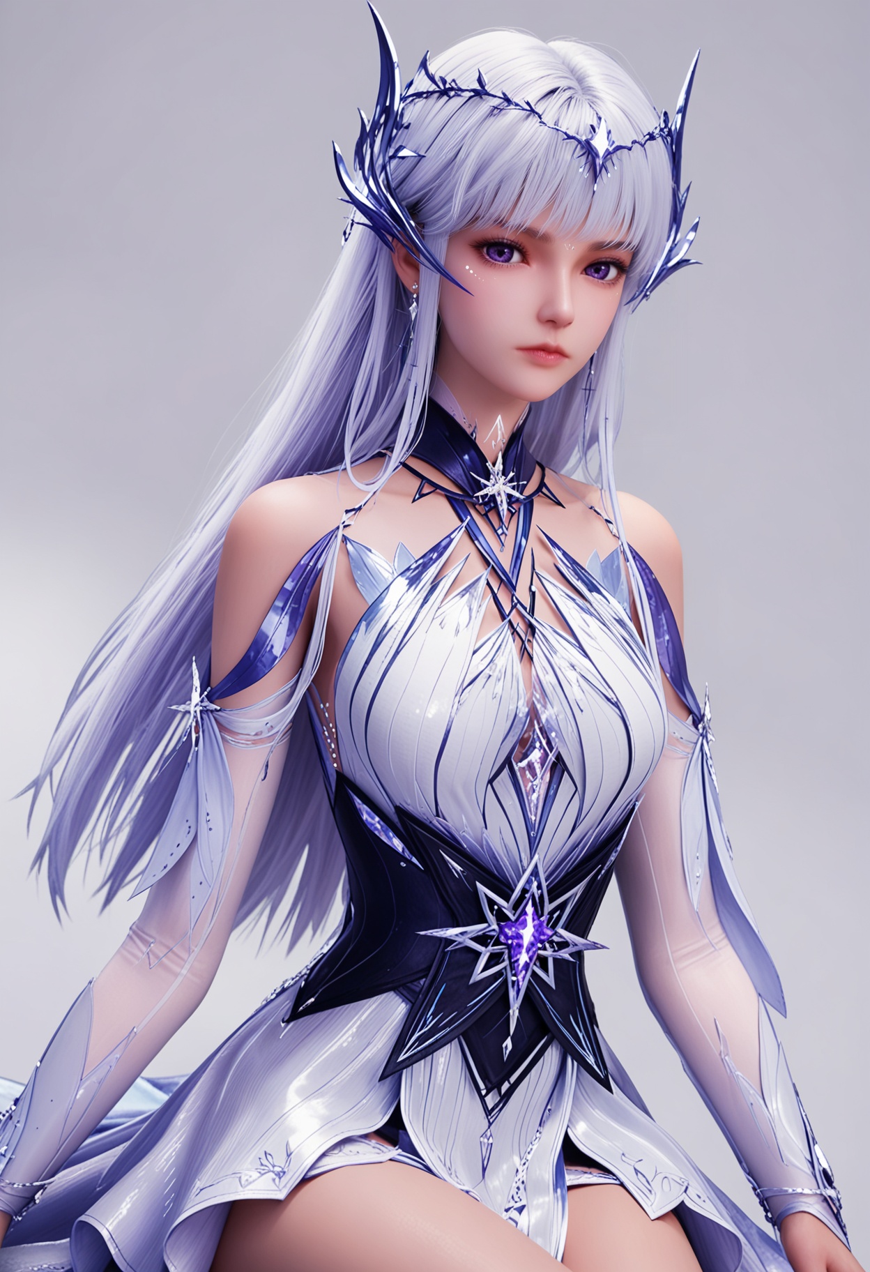 score_9,high detail,best quality,shiny skin,shiny,shengcaiersj,1girl,solo,purple eyes,long hair,white hair,white background,hair ornament,dress,bare shoulders,simple background,closed mouth,white dress,jewelry,expressionless,realistic,earrings,detached sleeves,looking at viewer,thighs,<lora:QQSponyshangcaiersjV1:0.8>,<lora:Pony_DetailV2.0:0.8>,<lora:皮肤凹痕:0.1>,