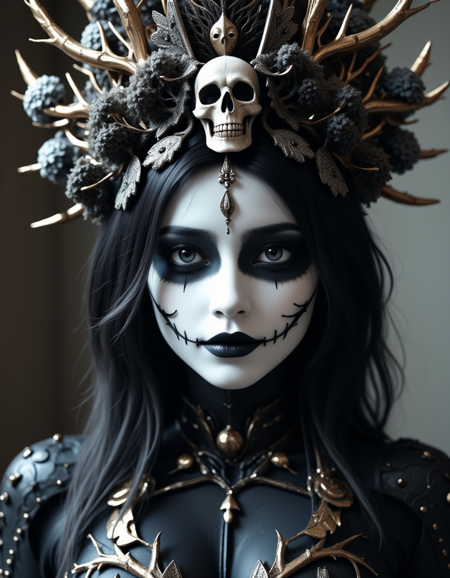 a woman with a white face and black hair and a white mask and a black and white dress and a white and black headpiece with a skull headdress and a black and a white face and a black and a white mask and a black and a black and a white face and a black and a black and a white and a black and a white face and a black and a black and a white and a black and a black and a white face and a black and a black and a white and a black and a black and a white and a black and a black and a white and a black