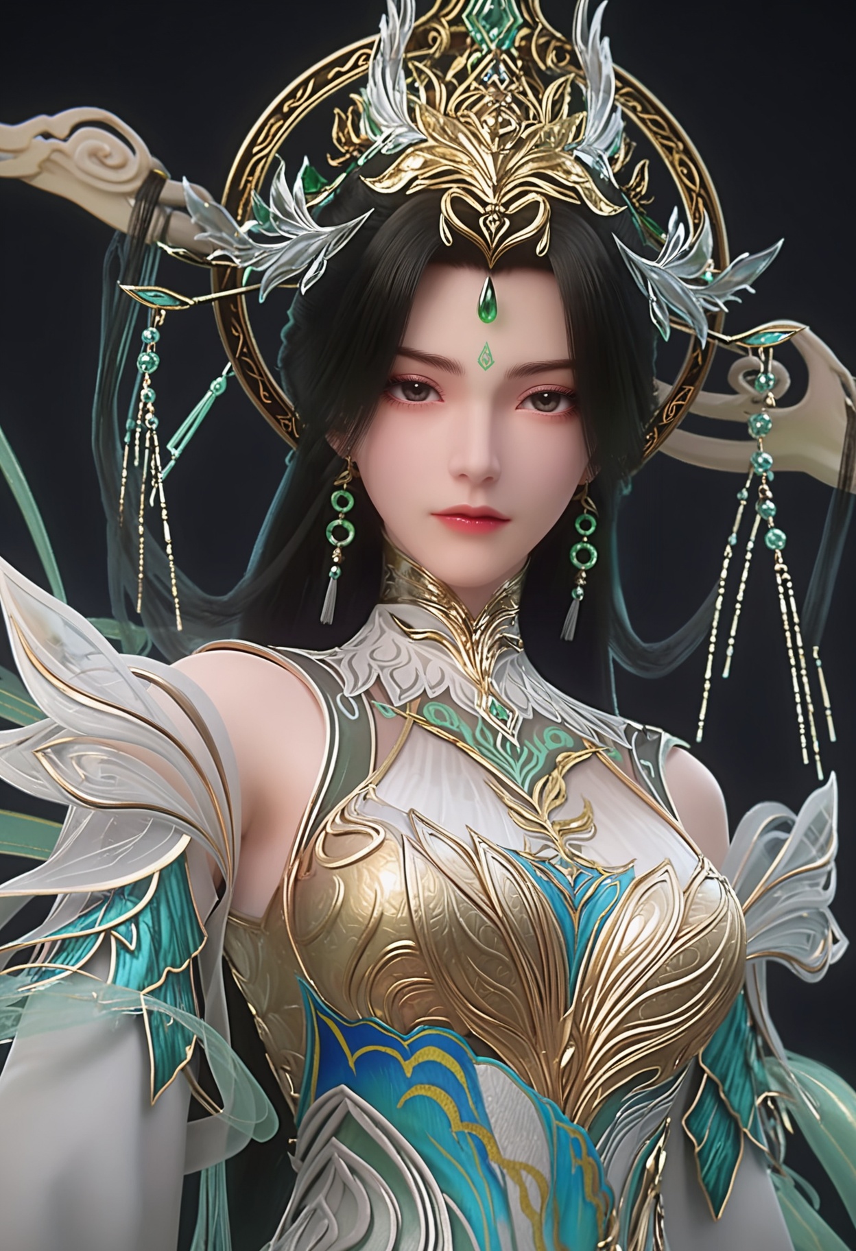 perfect_anatomy,score_9,(upper_body:1.1),looking_at_viewer,<lora:YQ_pony_liushen_wudidao_V3:0.8>,1girl,q1528437228,solo,hair ornament,long hair,black hair,dress,jewelry,earrings,forehead mark,chinese clothes,facial mark,white dress,bare shoulders,green dress,long sleeves,detached sleeves,brown hair,perfect_anatomy BREAK perfect_anatomy,simple background,black background,(shiny_skin),(Ivory_skin:1.1),(cinematic lighting),