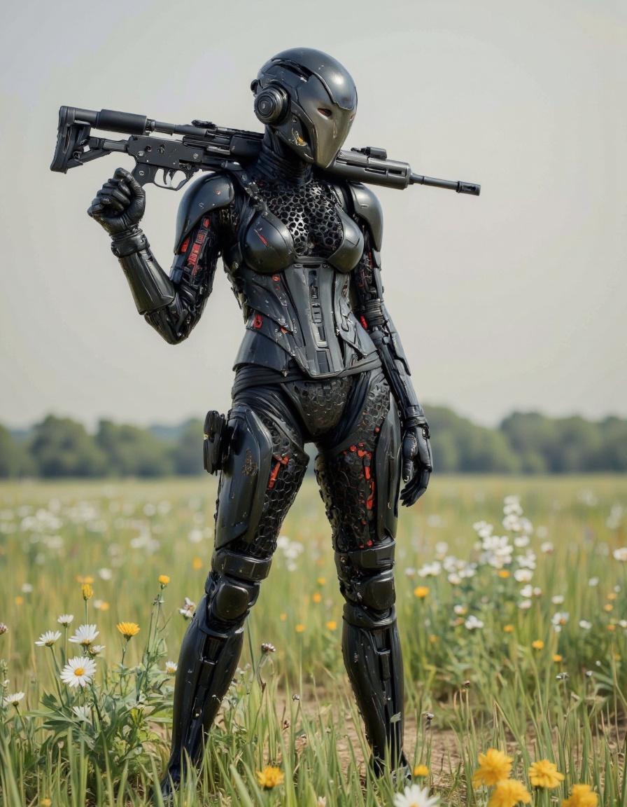 SentinelBot. A high-quality CGI image featuring a futuristic,  armored female soldier with a humanoid form standing in a n...
