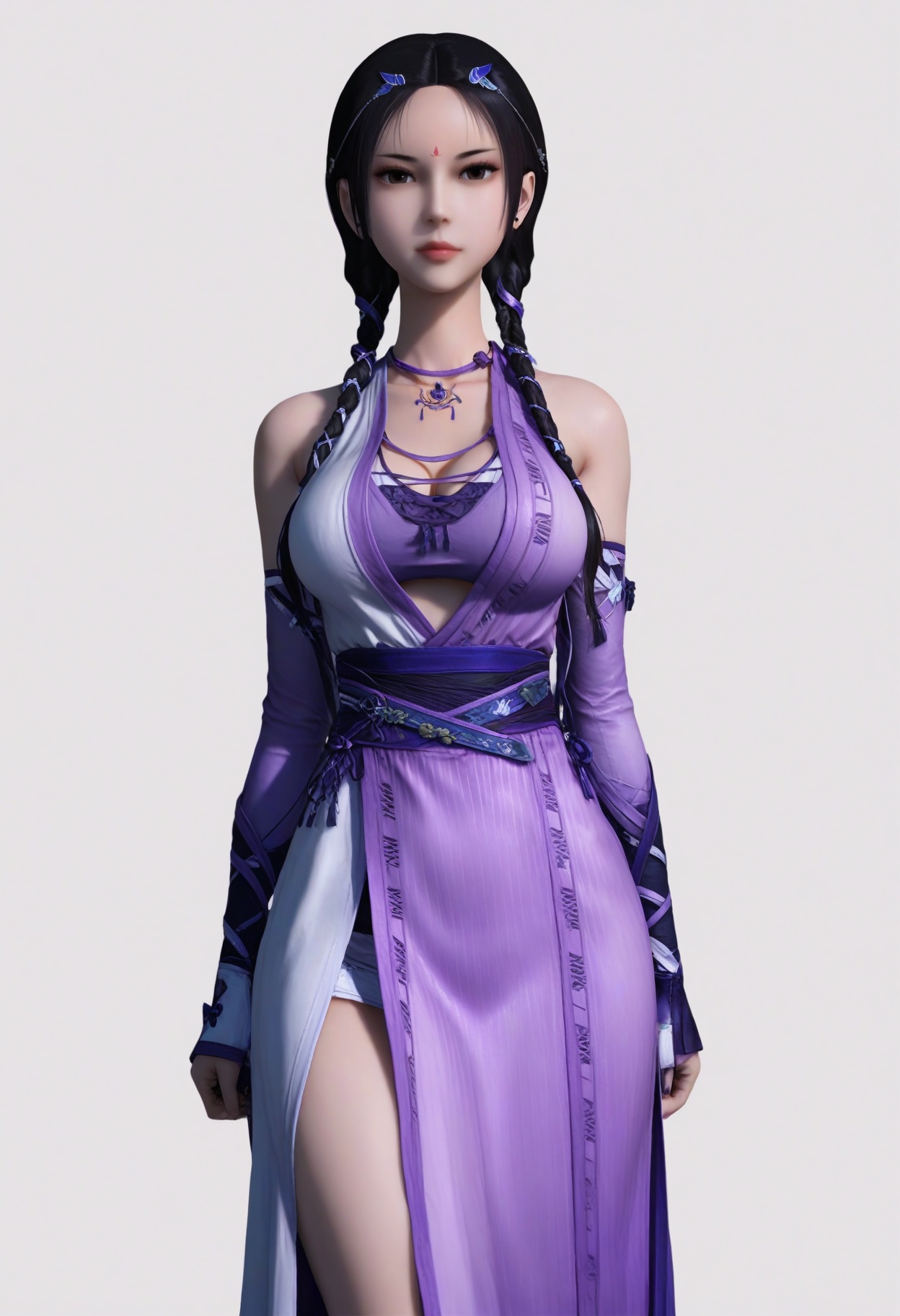 score_9,<lora:SF_XiaoShiMei_Pony_Realism2.3-000003:0.7>,1girl,solo,black hair,hair ornament,large breasts,forehead mark,dress,standing,twin braids,looking at viewer,white background,simple background,