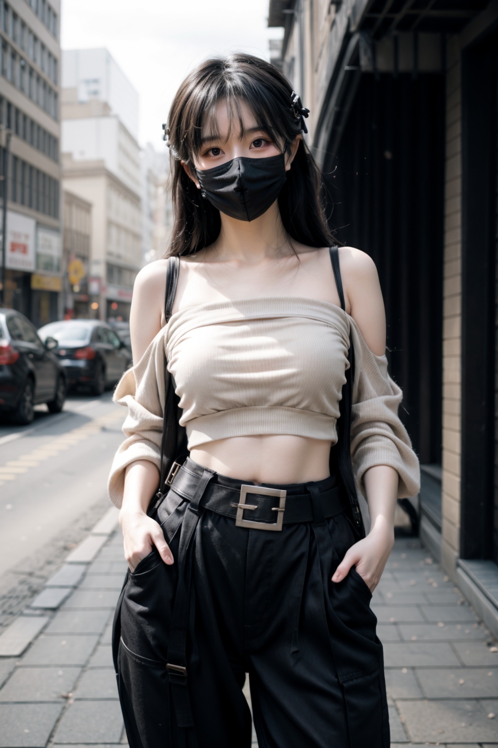 best quality,masterpiece,simple background,1girl,solo,solo focus,saori \(blue archive\),long hair,black hair,halo,(mouth mask:1.4),standing,looking at viewer,glowing eye,open clothes,off shoulder,coat,crop top,chest harness,black pants,thigh holster,snap-fit buckle,close-up,hand in pocket,