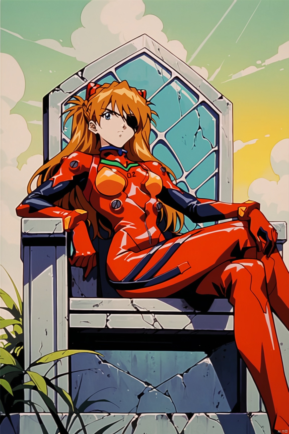 score_9,score_8_up,score_7_up,score_6_up, retro artstyle, 1980s (style),1girl, souryuu asuka langley, neon genesis evangelion, rebuild of evangelion, lance of longinus, cat hat, plugsuit, pilot suit, red bodysuit, sitting, crossed legs, black eye patch, throne, looking down, from bottom, looking at viewer, outdoors
