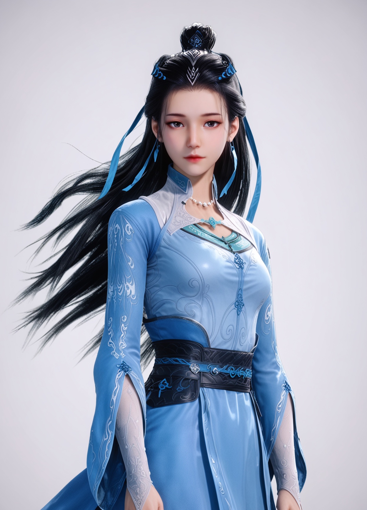 score_9,high detail,best quality,cinematic lighting,volumetric lighting,shiny skin,shiny,wanjiangyu,1girl,solo,black eyes,black hair,long hair,dress,earrings,blue dress,white background,realistic,jewelry,hair ornament,necklace,simple background,closed mouth,long sleeves,hair bun,sash,hair ribbon,looking at viewer,thighs,<lora:Pony_DetailV2.0:0.8>,<lora:皮肤凹痕:0.1>,<lora:QQSponywanjiangyuV1:0.8>,