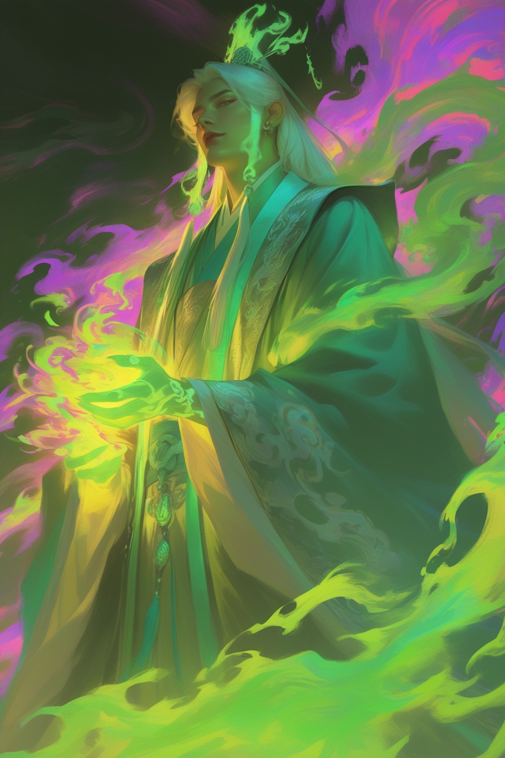 male character,  mystical asian fantasy,  wearing ceremonial hanfu with intricate embroidery by MissFidonyo on Tensor.Art