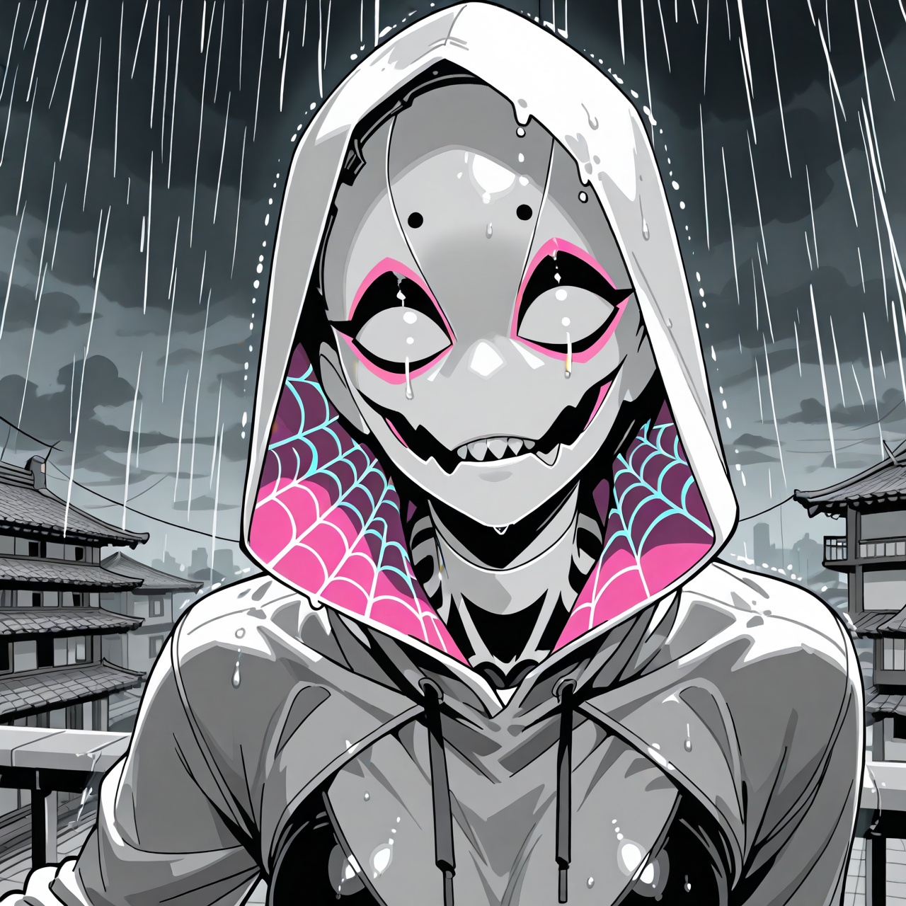 Spider-Gwen rooftop storm horror creature portrait,  upper body human female athletic,  lower body a vast spider organism...