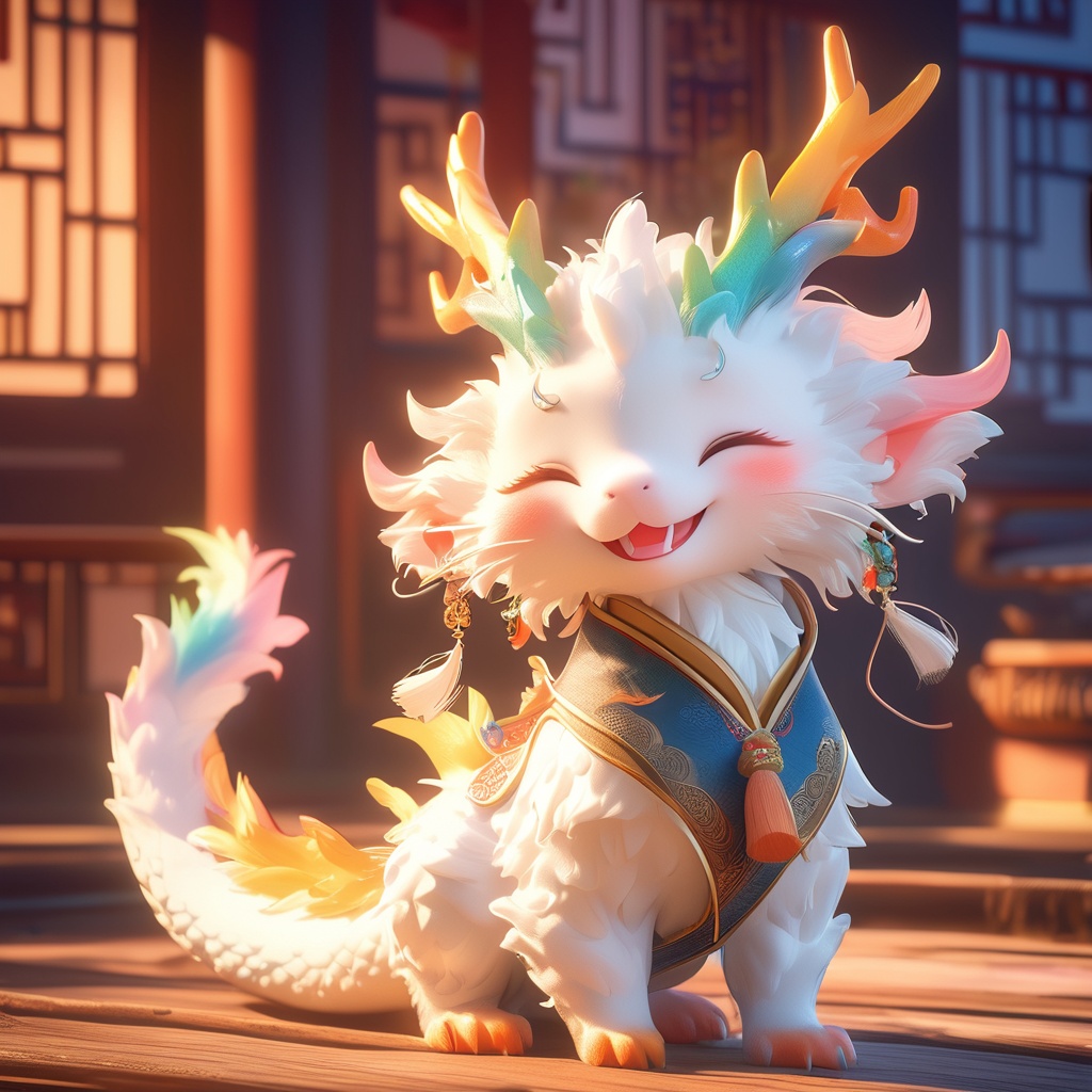 eastern dragon,soft lighting,whimsy and dramatic lighting,warm colors,mf-movie-filter,cc-color-correction,cute,sunset,sunlight,eastern dragon boy,clothed eastern dragon,dragon horns,horns,east asian architecture,no humans,closed eyes,blurry background,solo,fangs,blurry,jewelry,indoors,earrings,tassel,animalization,blush,tail,open mouth,antlers,full body,tassel earrings,whiskers,standing,smile,<lora:dragon_baby_xl:0.8>,