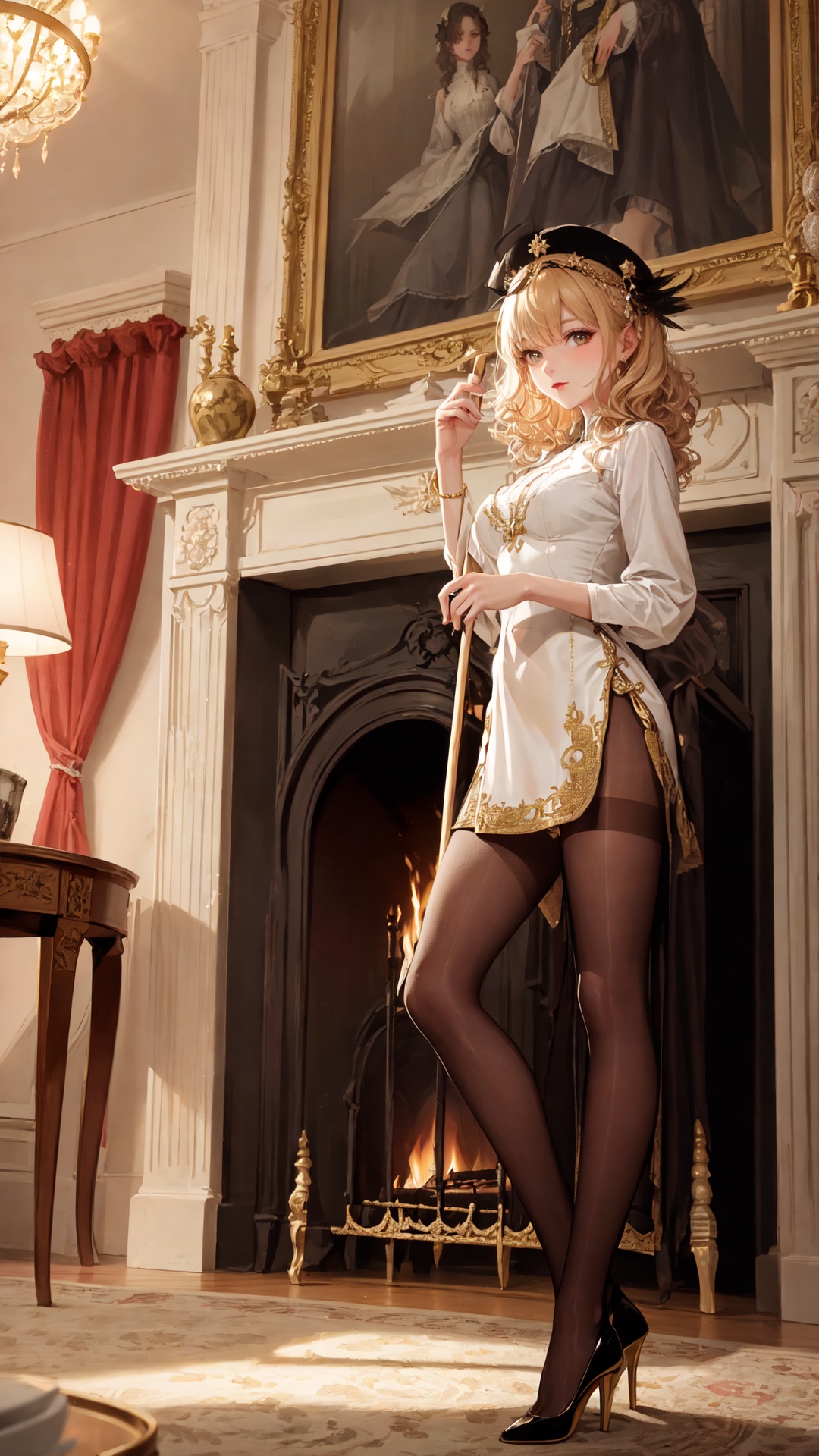 black_pantyhose,tutututu,high heels,(masterpiece, best quality, extremely delicate, beautiful, highres, original),  with curly blonde hair, bright green eyes, light skin, petite, a cap, and sometimes carrying a feather duster, Set within a quintessentially Parisian apartment, adorned with gold and white trimmings, high ceilings, tall windows with heavy velvet drapes, ornate furniture adorned with gold leaf, a fireplace flickering warmly, and delicate china arranged meticulously on a polished wooden table,<lora:add_detail:0.2><lora:tutuJG_00003:0.65>