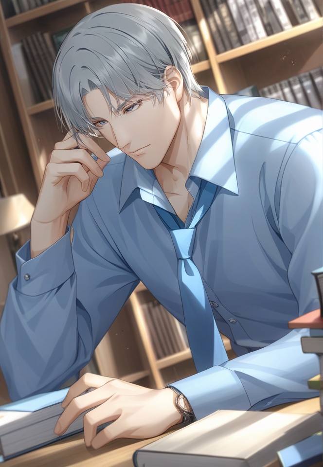 (best quality), ((masterpiece)), (highres), illustration, original, extremely detailed,   <lora:光与夜之恋同人人物篇:0.7>cls, 1boy, male focus, shirt, solo, book, long sleeves, indoors, blue shirt, collared shirt, short hair, bookshelf, grey hair, necktie, closed mouth, white shirt, grey eyes, blurry