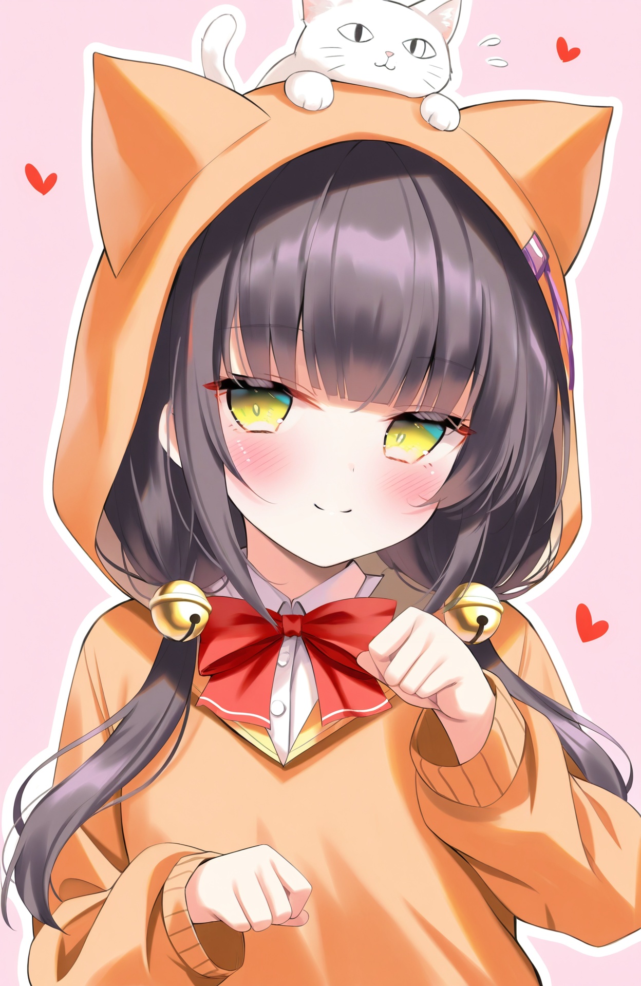 masterpiece,absurdres,best quality,petite,high quality,chromatic_aberration,//,asakura karen (heaven burns red), 1girl, animal ear fluff, animal ear hood, animal ears, animal on head, bell, black hair, blunt bangs, blush, bow, bowtie, cat, cat ears, cat girl, cat on head, closed mouth, eyelashes, flying sweatdrops, hair bell, hair ornament, hands up, heart, hood, hood up, hoodie, jingle bell, kemonomimi mode, long hair, looking at viewer, low twintails, on head, orange hoodie, paw pose, pink background, red bow, red bowtie, simple background, sleeves past wrists, smile, solo, split mouth, twintails, upper body, white cat, yellow eyes, absurdres, commentary request, highres, wide shot<lora:鬼针草2——【CKXL】hans:0.9>,