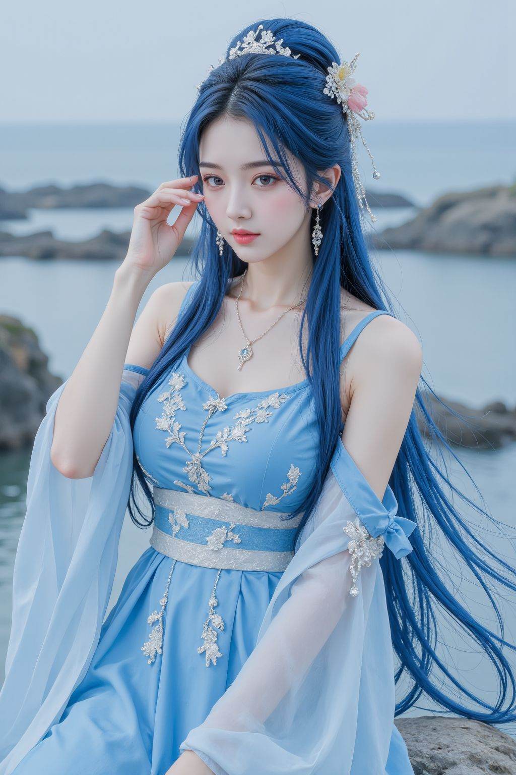 A woman with blue long hair, wearing a chinese dress, ocean
