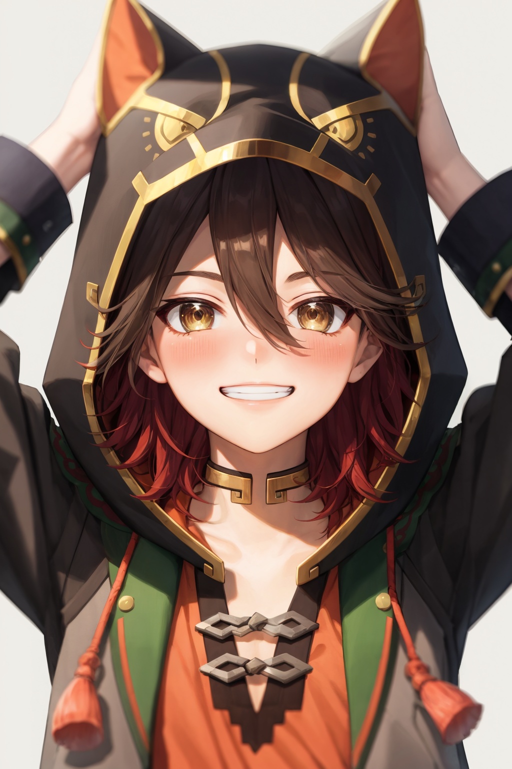 masterpiece, best quality,  <lora:gaming:1>,1girl, smile, hood, brown hair, blush, looking at viewer, brown eyes, solo, virtual youtuber, multicolored hair, grin, long sleeves, hair between eyes, bangs, collarbone, arms up, jacket, hood up, red hair, short hair, chain, upper body, choker, hoodie, portrait, black hair, teeth