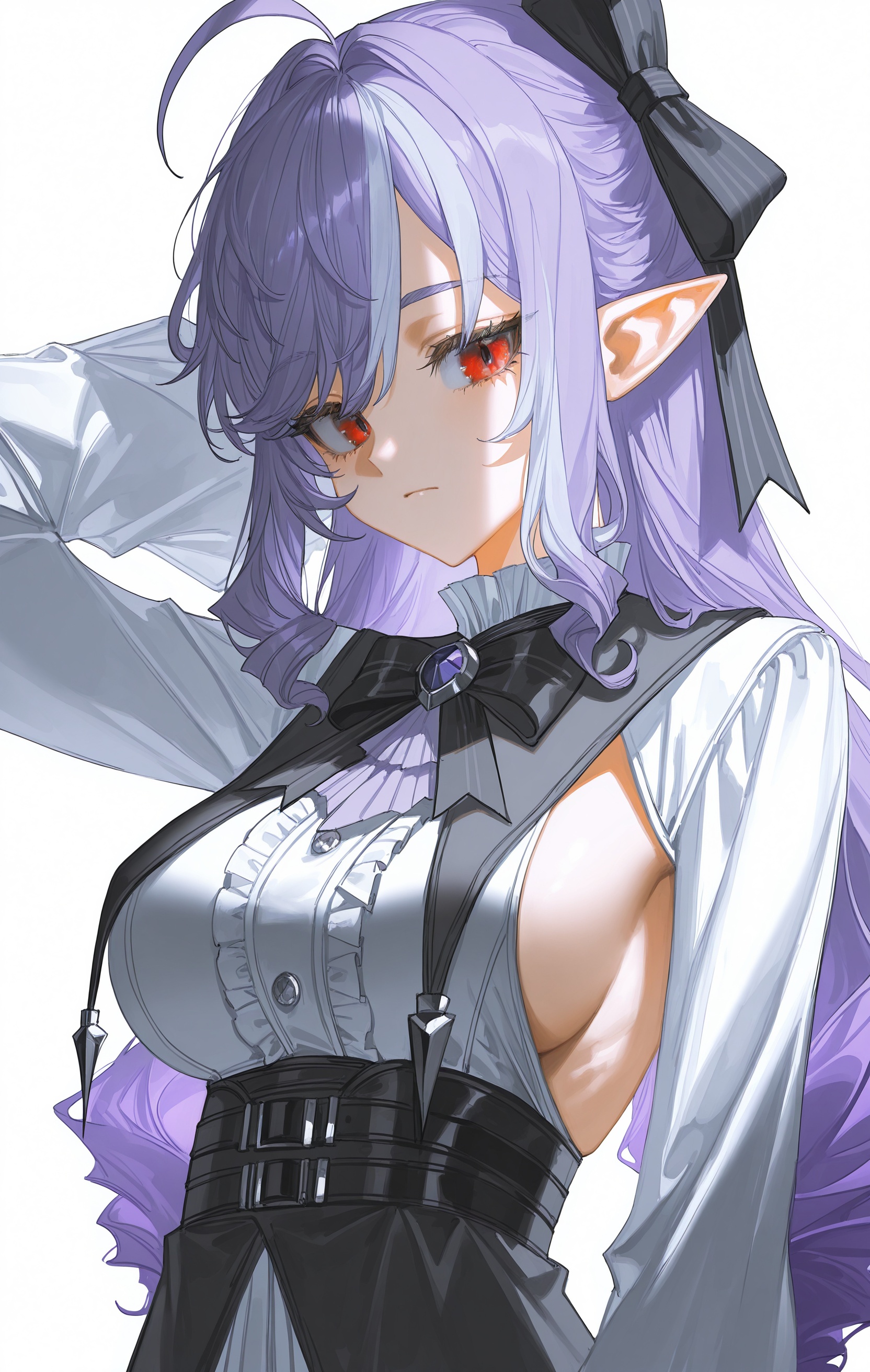 vivian \(zenless zone zero\),1girl,arm behind head,black bow,black bowtie,black dress,bow,bowtie,breasts,dress,hair ribbon,large breasts,long hair,pointy ears,purple hair,red eyes,ribbon,sideboob,simple background,solo,artist:taiyaki12,upper body,white background,(artist:quasarcake:0.8),extreme aesthetic,(wlop:0.6),(honjou raita,lack,rella,wanke:0.5),masterpiece,best quality,good quality,newest,year 2024,year 2023,very aesthetic,absurdres,Visual impact,A shot with tension,ultra-high resolution,32K UHD,sharp focus,best-quality,masterpiece,<lora:vivian_v0.1_Illustrious-000049>,