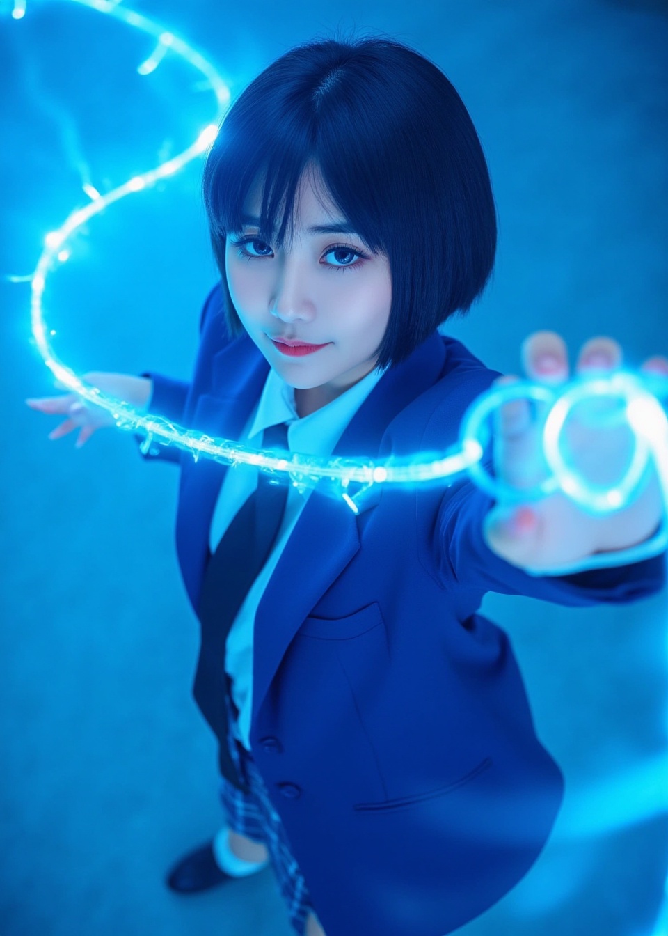 Masterpiece,Top quality,beautiful Korean woman,doll-like face,clean skin,neat deep cobalt blue short cut,bright determined grin,school blazer power suit,blazer seams glowing with blue light,plaid skirt with energy field shimmer,active pose,whipping a glowing energy chain upwards,dynamic arc of blue light in front of her face,intensely saturated monochromatic cobalt blue background,digital grid pattern,POV,high angle,face-focused close-up,looking up at viewer,