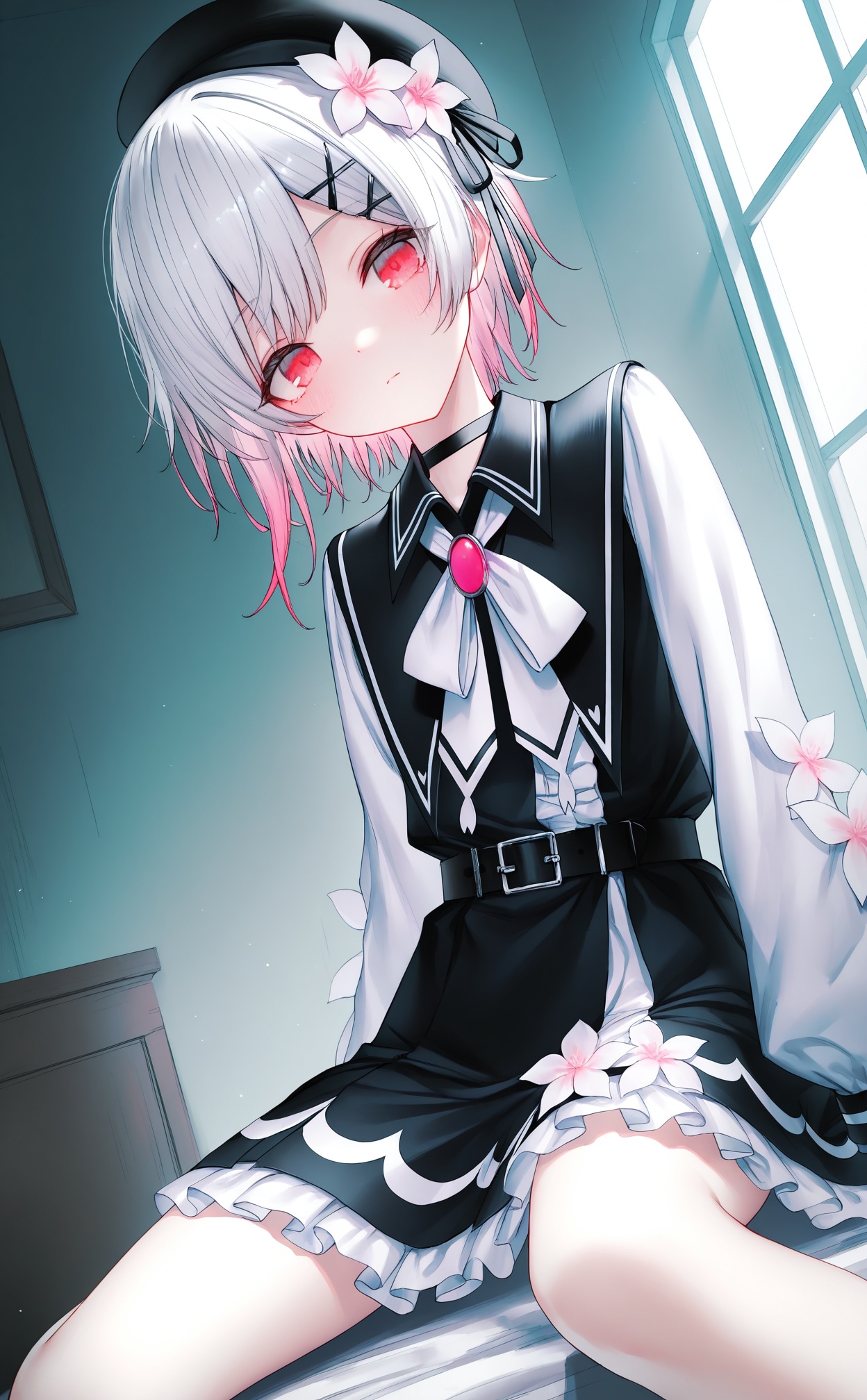 masterpiece,absurdres,best quality,loli,petite,high quality,//,sakuraba_ema, 1girl, solo, hair_ornament, pink_hair, flower, white_bowtie, hat, belt, dress, choker, multicolored_hair, black_dress, white_hair, looking_at_viewer, white_bow, buckle, ribbon, black_choker, pink_eyes, belt_buckle, black_belt, gradient_hair, long_sleeves, hat_flower, bowtie, black_headwear, closed_mouth, pink_flower, hairclip, collared_dress, head_tilt, sitting, bow, beret, black_ribbon, hair_flower, swept_bangs, brooch, frills, x_hair_ornament, white_ribbon, expressionless, short_hair, neck_ribbon, frilled_dress, puffy_sleeves, shirt, white_sleeves, blush, dutch_angle, collared_shirt, white_flower, two-tone_hair, two-tone_dress, virtual_youtuber, indoors, puffy_long_sleeves, medium_hair, twitter_username, red_eyes, sidelocks//,(rhasta:0.9),Artist:na-ga,(kiwi500g:1.1),(quasarcake:0.2),(wanke:0.9),(iumu:0.72),(toosaka asagi:0.4),(Artist:chen bin:0.9), //,<lora:sakuraba_ema——【noob】hans:0.8>,